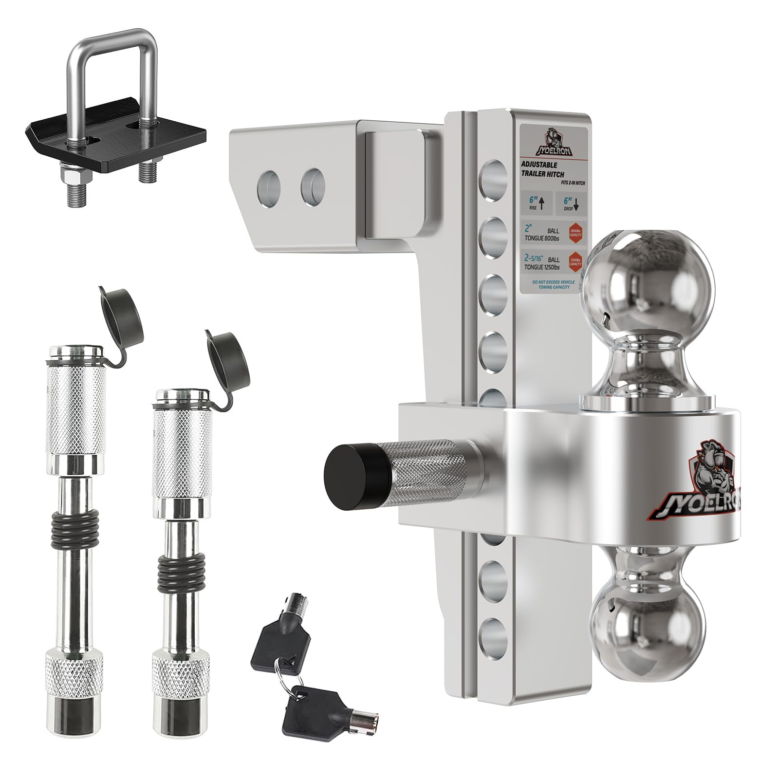Jyoelron Adjustable Trailer Hitch (2.5" Receiver) 8" Drop & Rise (12,500 LBS GTW) Heavy Duty Aluminum Tow Hitches Dual Ball (2" & 2-5/16") Hitch Tightener Double Anti-Theft Locking Hitch Pins