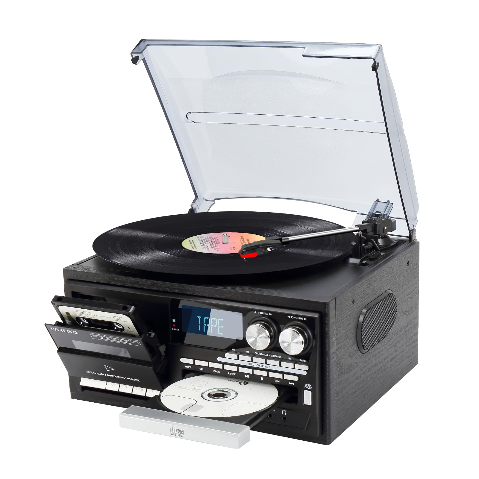 9-in-1 Vintage Turntable Record Player with Bluetooth, Built-in Speakers, AM/FM Radio, CD & Cassette Playback, USB/SD/MMC Support, Remote Control, Aux Input, RCA Output Black