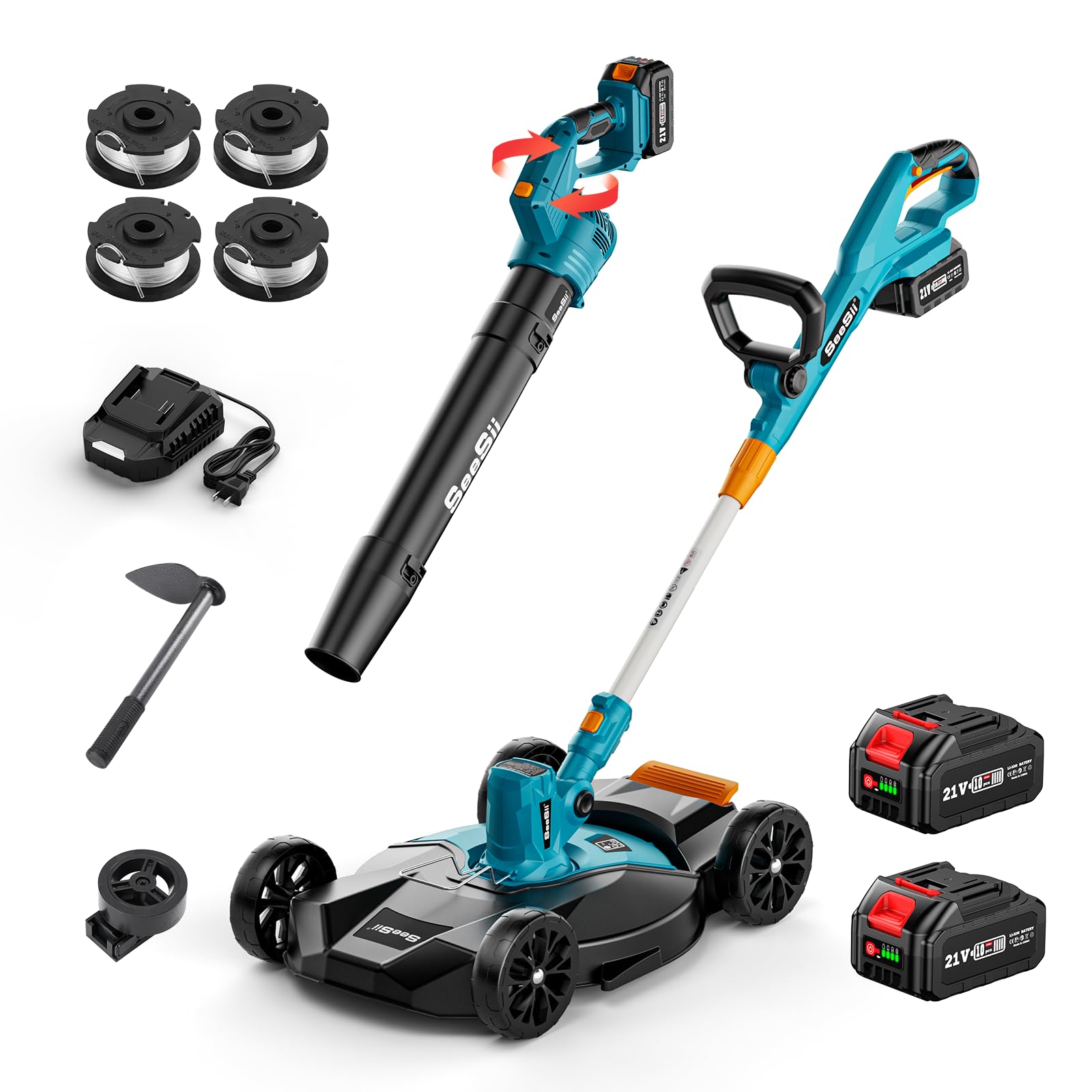 Seesii Electric 12" Lawn Mower and Leaf Blower Combo Kit, 3 in 1 Cordless Weed Wacker Grass Eater with 1.3"/2.1" Height, Battery String Trimmer Rotary Handheld Blower with 5-Speed for Yard Lawn