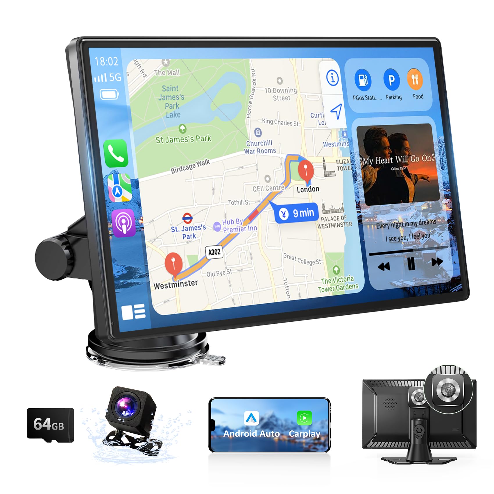 9" Portable Carplay & Android Auto Touch Screen, Wireless Car Stereo with 4K Dash Cam, 1080P Backup Camera, GPS Navigation, Mirror Link, Voice Control, FM, Siri, Bluetooth for All Vehicles