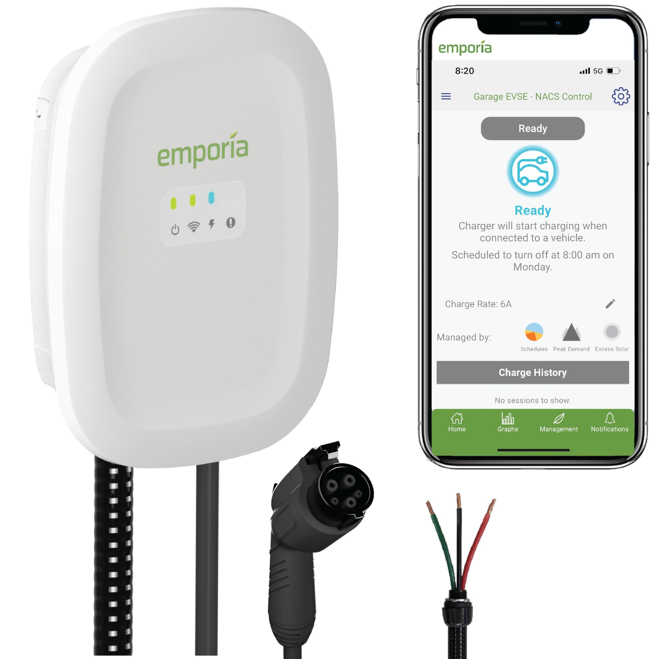 EMPORIA Level 2 EV Charger w/ J1772 Charger, 48 amp, Preconfigured for Hardwired Install with Whip, WiFi Enabled EVSE Level 2 Charger, 24ft Cable, White
