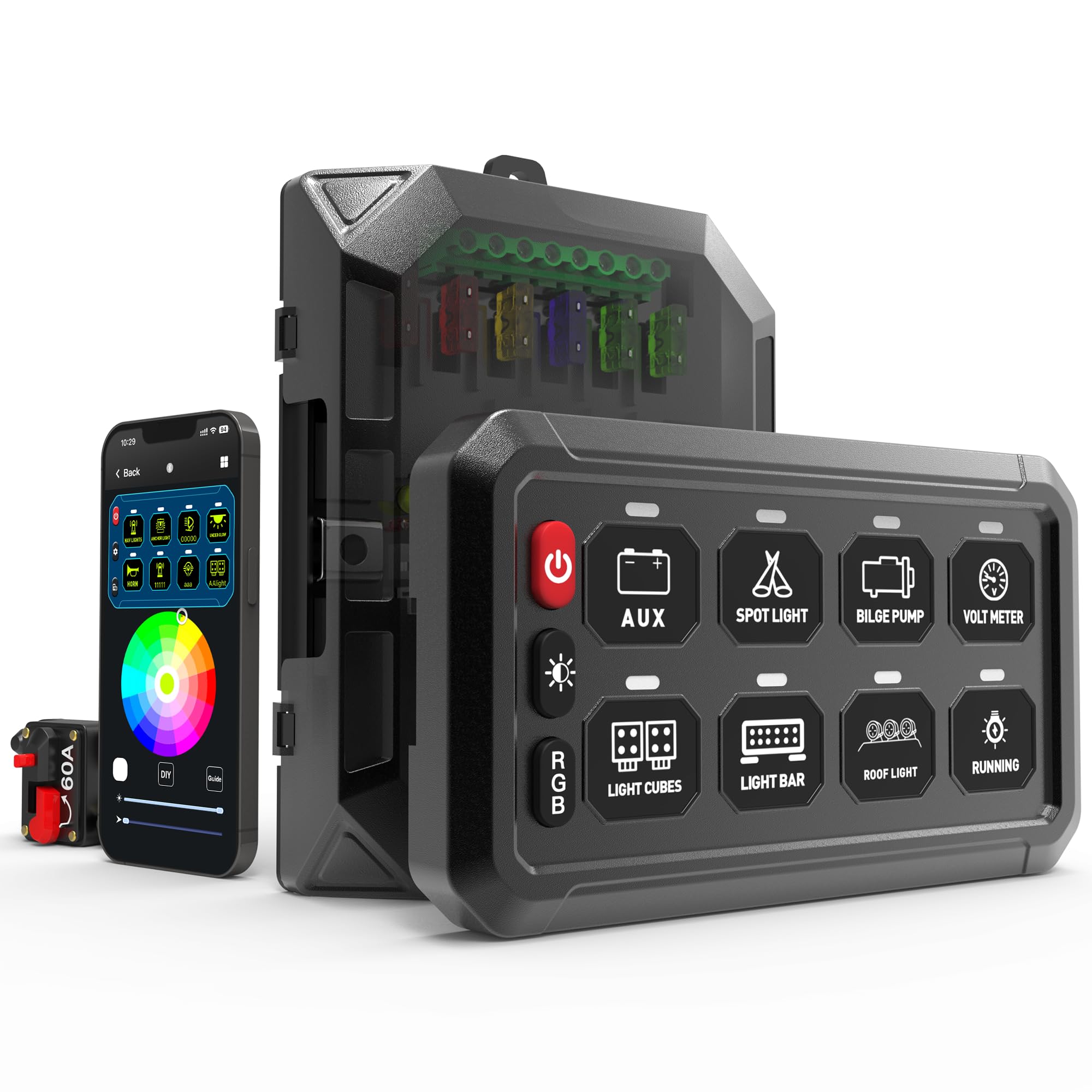 RGB 8 Gang Switch Panel, Marine Switch Panel Box, Multifunction Offroad Light Switch Panel, Wireless Auxiliary LED Switch Pod for 12V/24V Car Truck Jeep SUV Boat Marine, Waterproof, Phone Control
