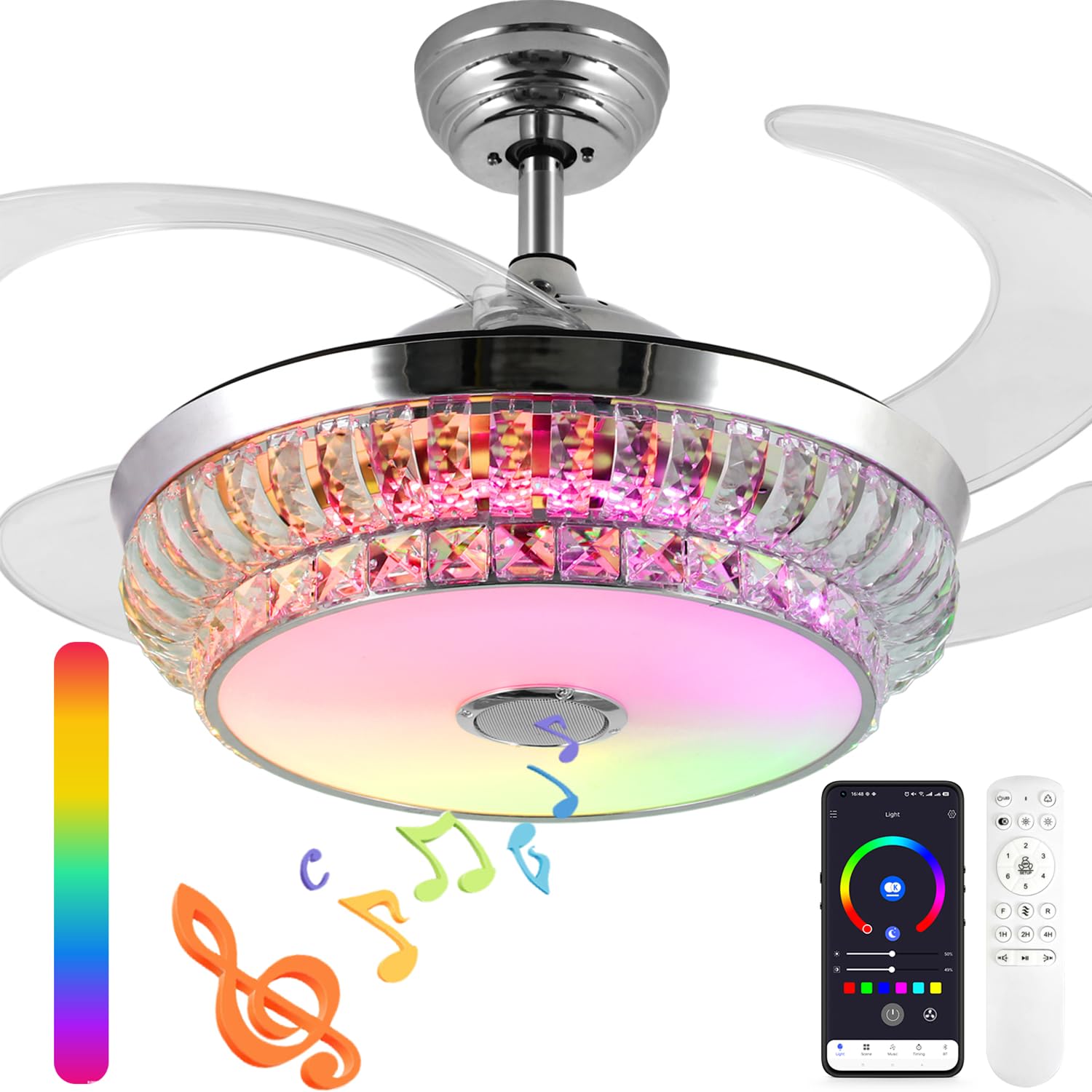 NUTCRUST Bluetooth Ceiling Fan with Light and Speaker, Retractable Ceiling Fan Chandelier with Remote Control, 6 Speeds Reversible Blade Smart Ceiling Fan, Bright Silver, Nordic