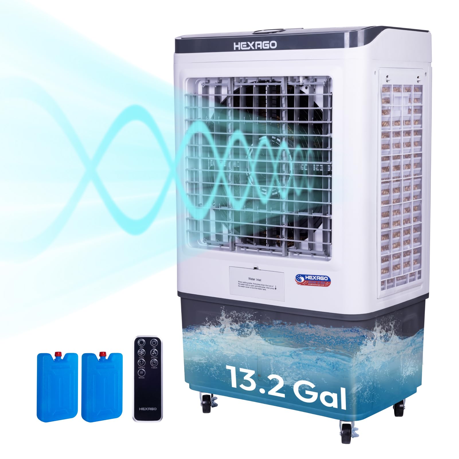 Hexago Swamp Cooler, 7500 CFM Evaporative Air Cooler with 3-Speed, Remote Control, 24H Timer, 13.2 Gallon, 9 FT Cord, Portable swamp cooler for Indooor Outdoor Patio Garage Use, ETL Safety Listed