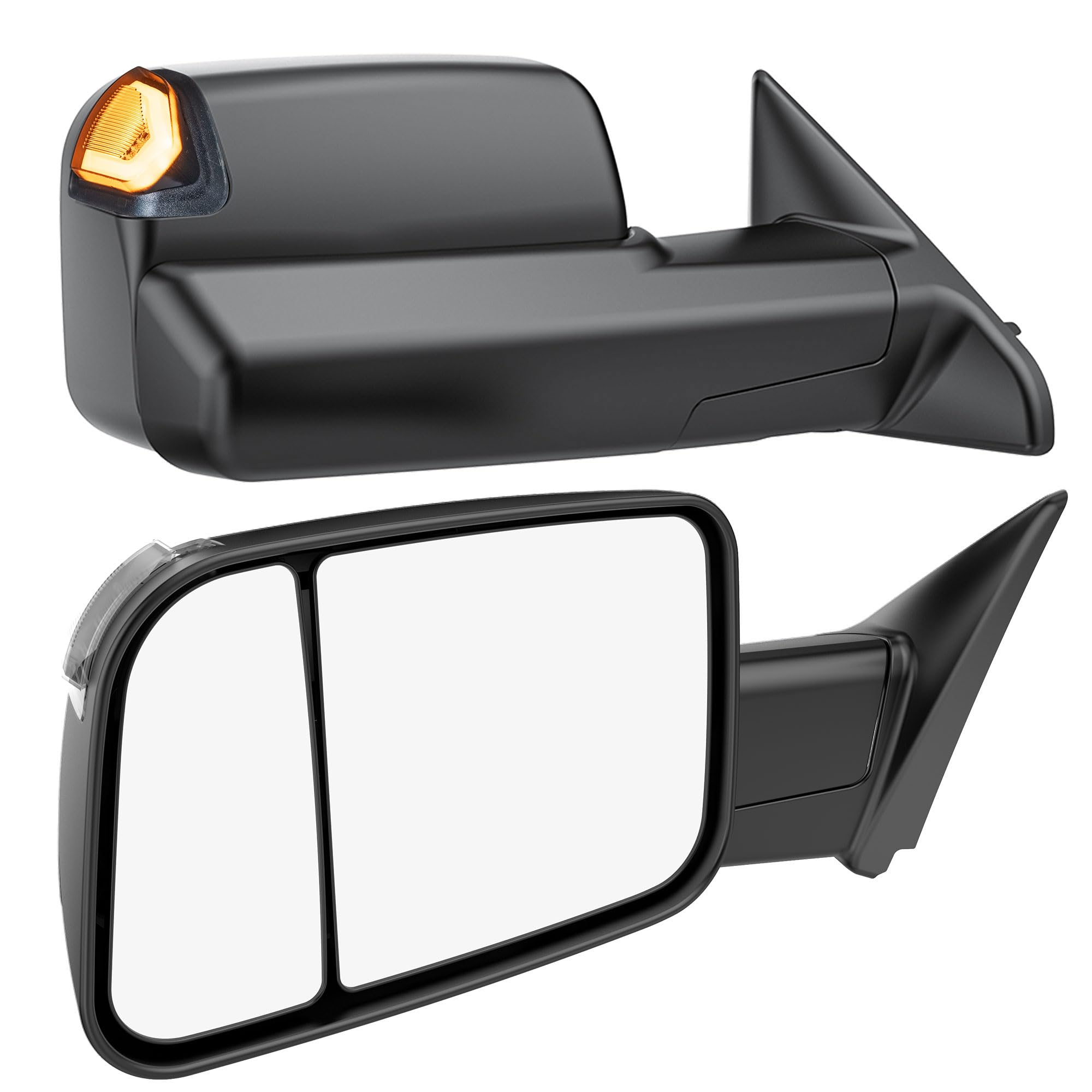 Switchback Signal Tow Mirrors Compatible with Dodge Ram 1500(2009-2018) 2500 3500(2010-2018), Power Heated Flip Up Extended Trailer Towing Side Mirrors w/Puddle Light, Smoked Lens Black Housing