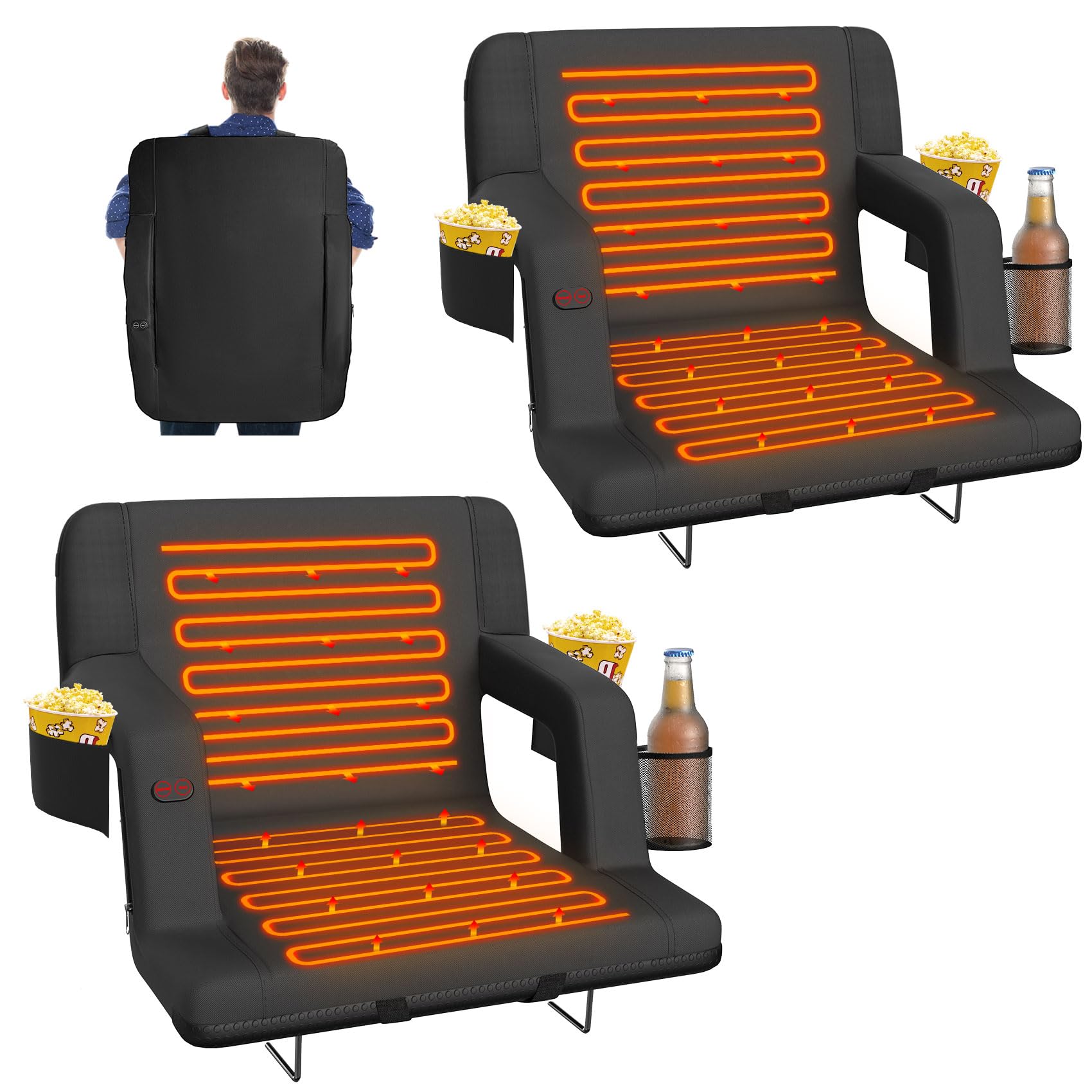 Suteck 2 pcs Dual-Sided Heated Stadium Seats for Bleachers with Back Support, 21" Portable Heated Bleacher Seat with Backrest, 3 Heat Levels, 5 Pockets – Ideal for Outdoor Stadiums and Events - Black