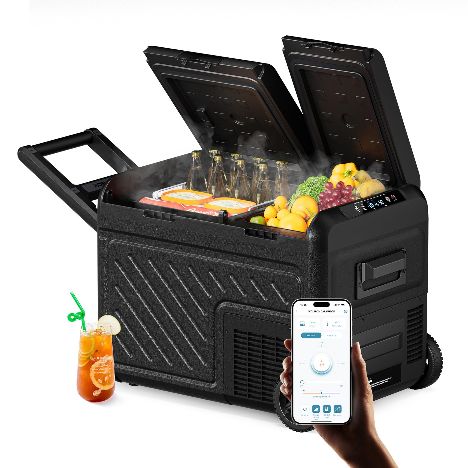 WOLFBOX 12V Car Refrigerator, 39 Quart Dual Zone Car Fridge, Portable Freezer(-8℉~68℉) with 12/24V DC 100/240V AC, APP Control Electric Cooler for Car, RV, Camping, Travel and Home Use