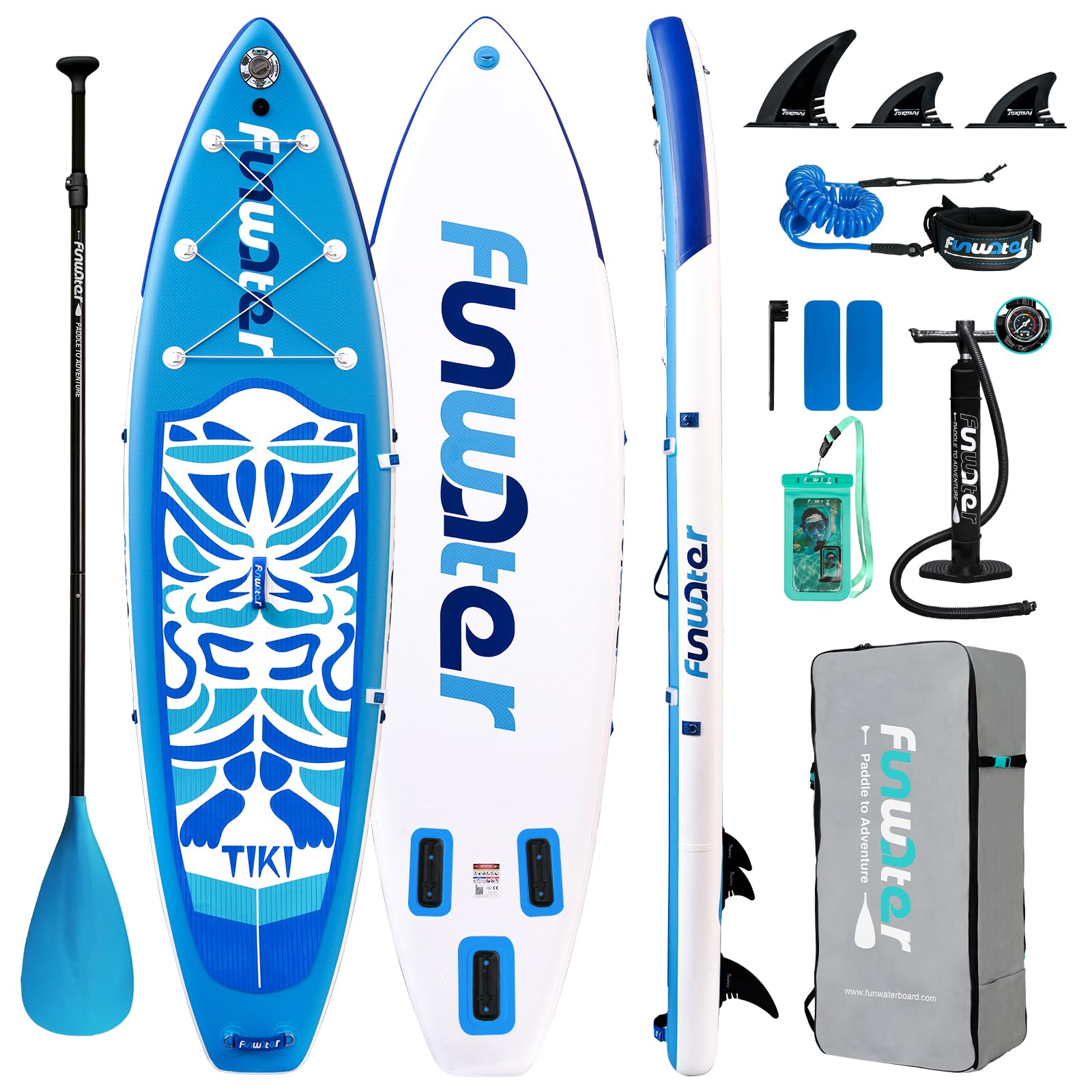 FunWater Inflatable 10'6×32"×6" Paddle Board SUP Stand Up Paddle Board for All Skill Levels Everything Included ISUP, Paddle, Pump, Backpack, Leash, Waterproof Bag, Fins
