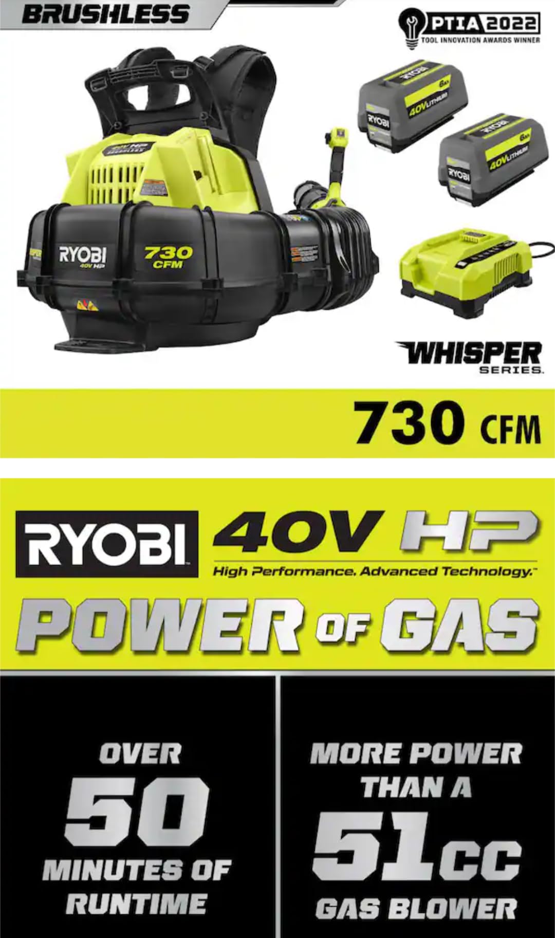 40V HP BRUSHLESS WHISPER SERIES 730 CFM BACKPACK BLOWER KIT
