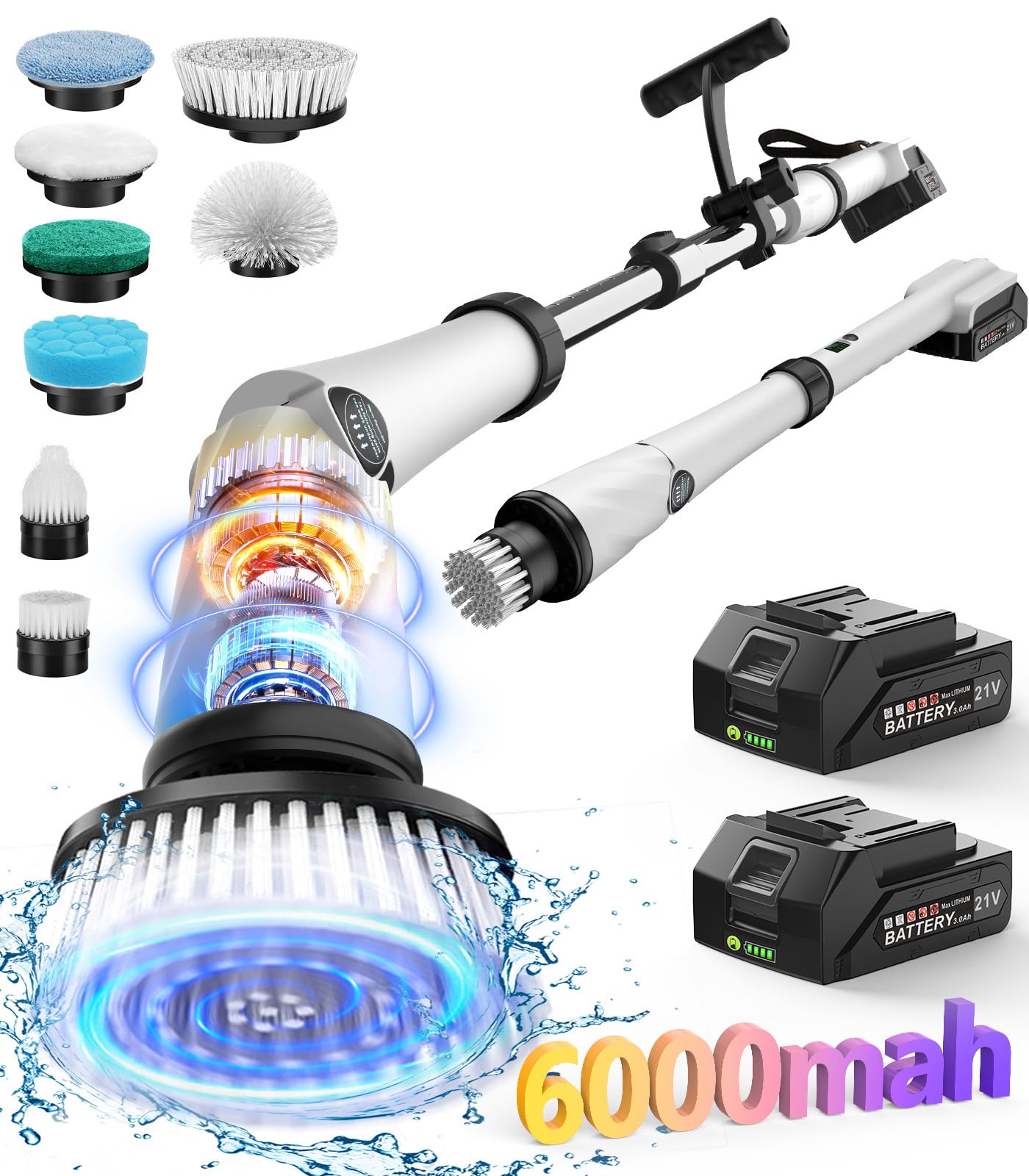 6000mAh Battery Electric Spin Scrubber 5inch Large Brush, Zordin Best Power Shower Scrubber for Cleaning, 1200RPM Cordless Cleaning Brush for Bathroom/Floor Grout Tile (8 Brushes)