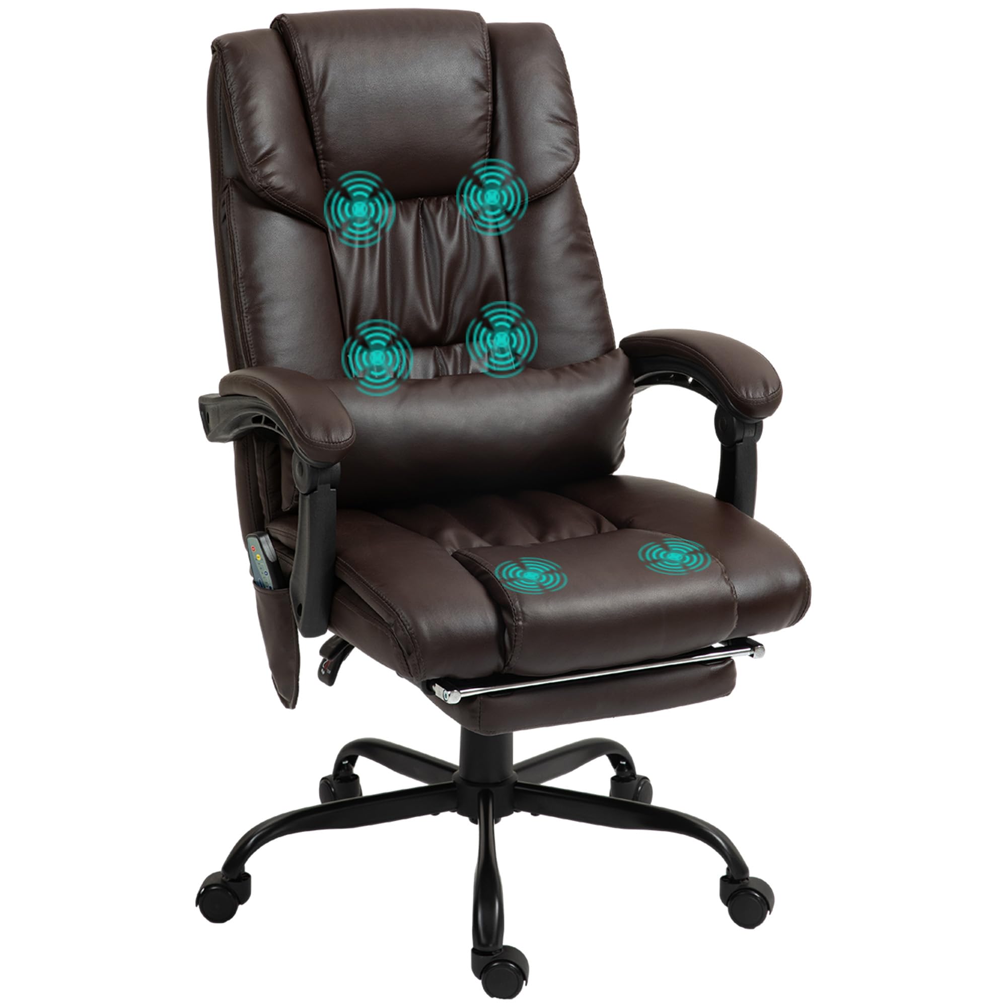 Vinsetto High Back Massage Office Chair with 6 Vibration Points, PU Leather Reclining Computer Chair, Ergonomic Desk Chair with Footrest Adjustable Height and Remote, Brown