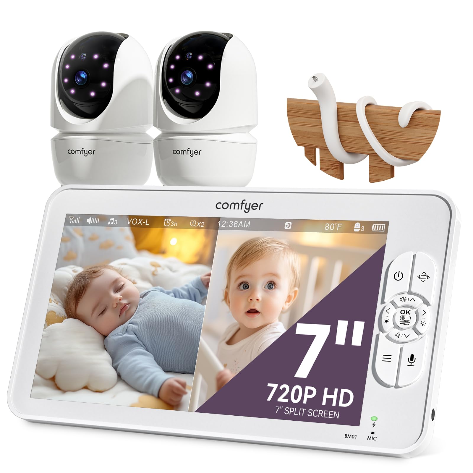 Comfyer Split-Screen Baby Monitor with 2 1080P Cameras, 7" HD 720P Baby Monitor No WiFi with a Flexible Bracket, Video Baby Monitor with Camera and Audio, 2 Way Audio, Remote PTZ, Auto Night Vision