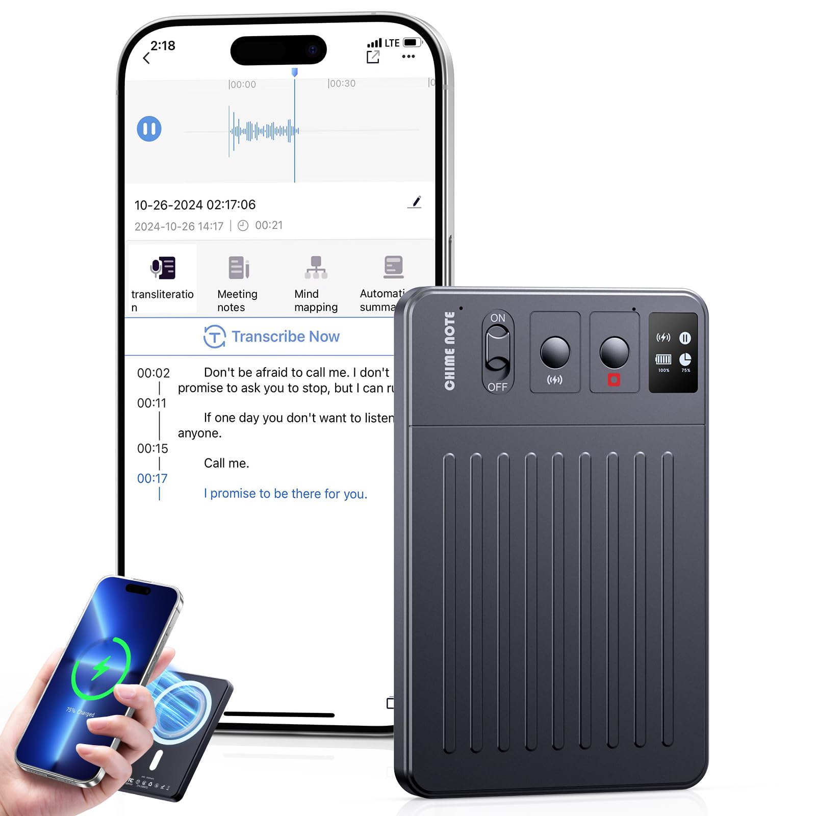 AI Voice Recorder, Digital Voice Recorder App Control, Transcribe & Summarize & Translation Empowered by ChatGPT, Wireless Charging, 107 Languages, 64GB Memory for Lecture, Meeting, Calls, Interview