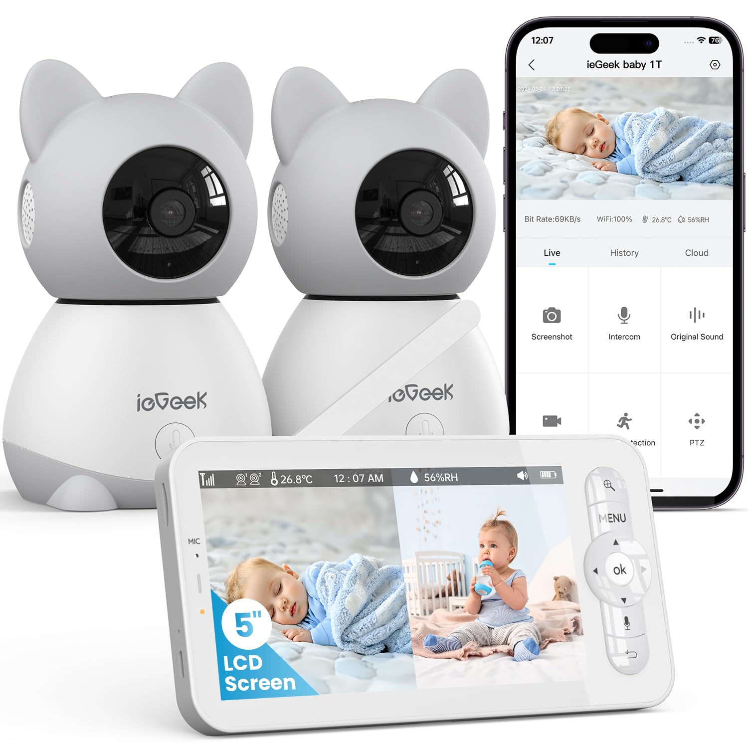 ieGeek Split-Screen Baby Monitor with 2 Camera and Audio-Two 2K Video Monitor with 5" Screen -Night Vision,Two-Way Talk,Cry&Motion Detection,Temper&Humidity Sensor,Remote Control via Screen and APP