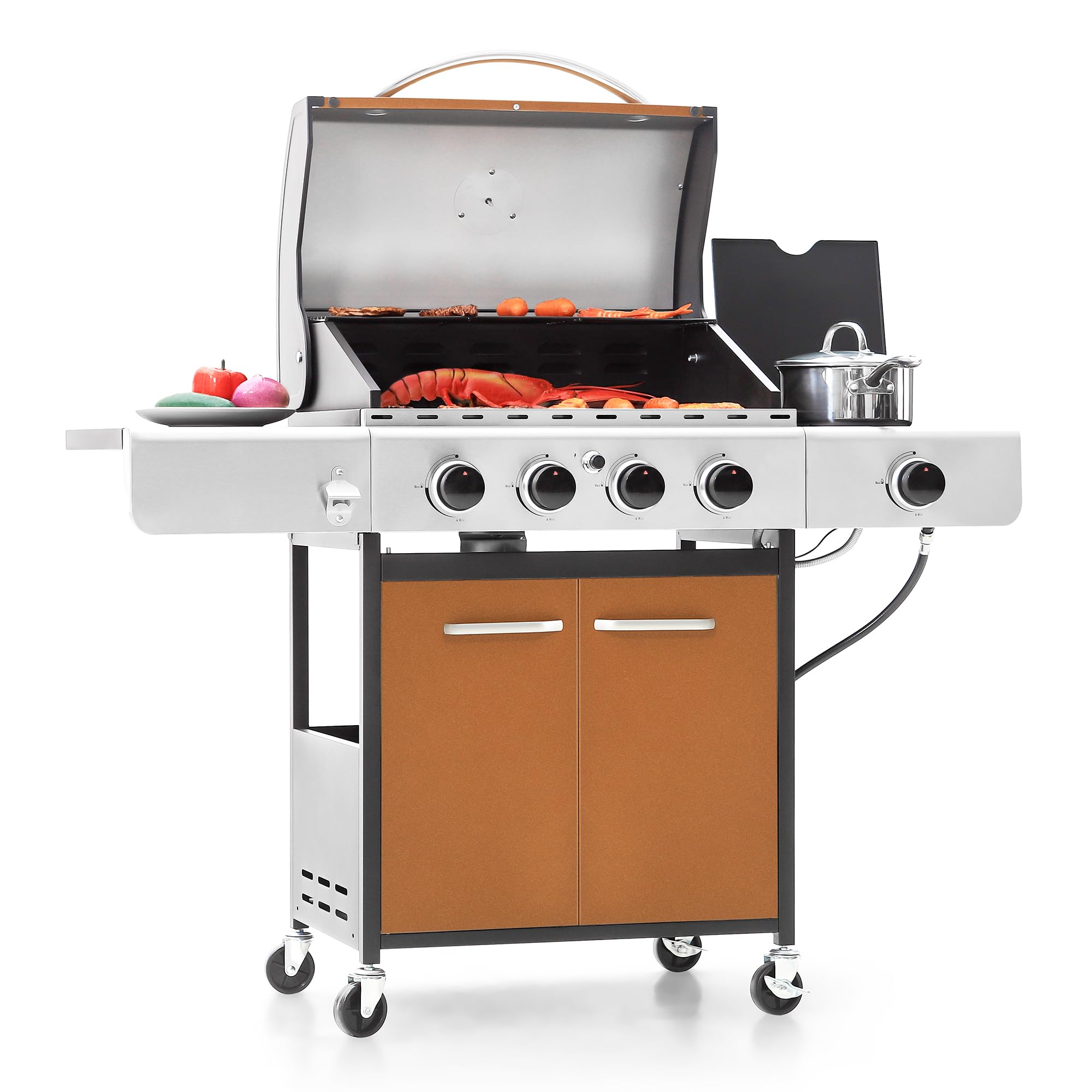 Captiva Designs 4-Burner Propane Gas BBQ Grill with Side Burner & Porcelain-Enameled Cast Iron Grates, 42,000 BTU Output Barbeque Grill for Outdoor Cooking Kitchen and Patio Backyard Barbecue, Golden