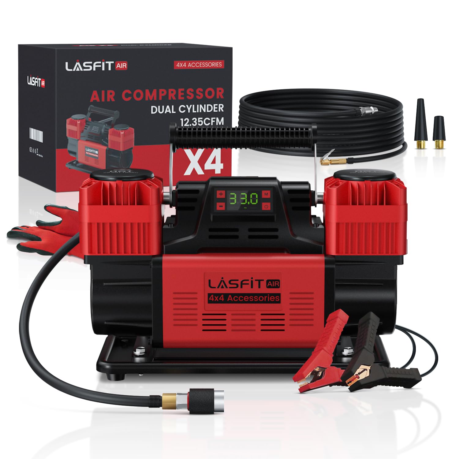 LASFIT X4 Off Road Air Compressor, [Fits 4x4 Vehicle, Truck, RV] 12.35CFM Super Fast Dual Cylinder Heavy Duty Portable Tire Inflator, 12V Smart Auto Stop Air Pump w/Digital Pressure Gauge, 150PSI Max
