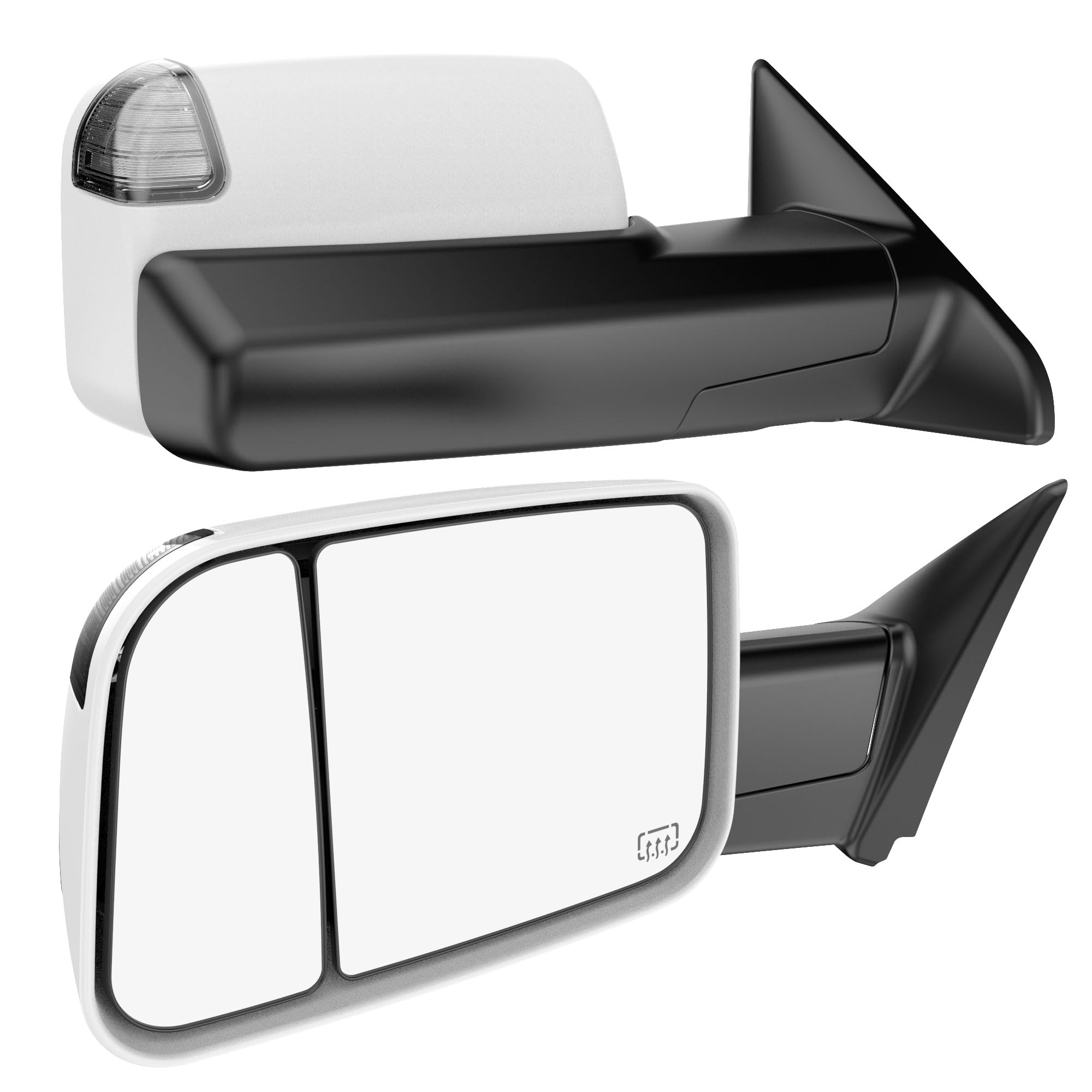 Heated Tow Mirrors Compatible with 2009-2018 Dodge Ram 1500, 2010-2018 2500 3500, 2019-2024 1500 Classic, Flip Up Extended Trailer Towing Side Mirrors with Puddle Light, Clear Lens White Housing