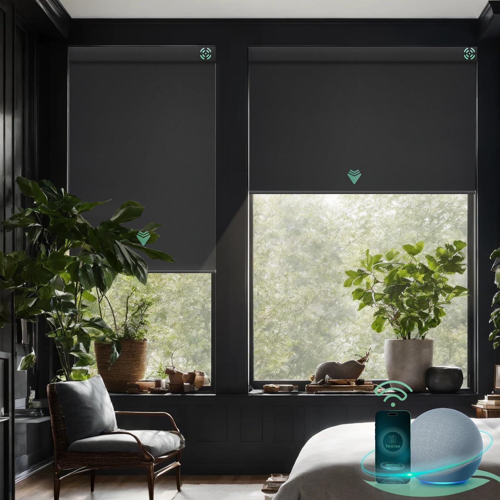 Yoolax Motorized Blinds with Remote, Blackout Smart Blinds Motorized Fabric Roller Shades Work with Alexa, Automatic Shades for Windows Custom Size (Black)