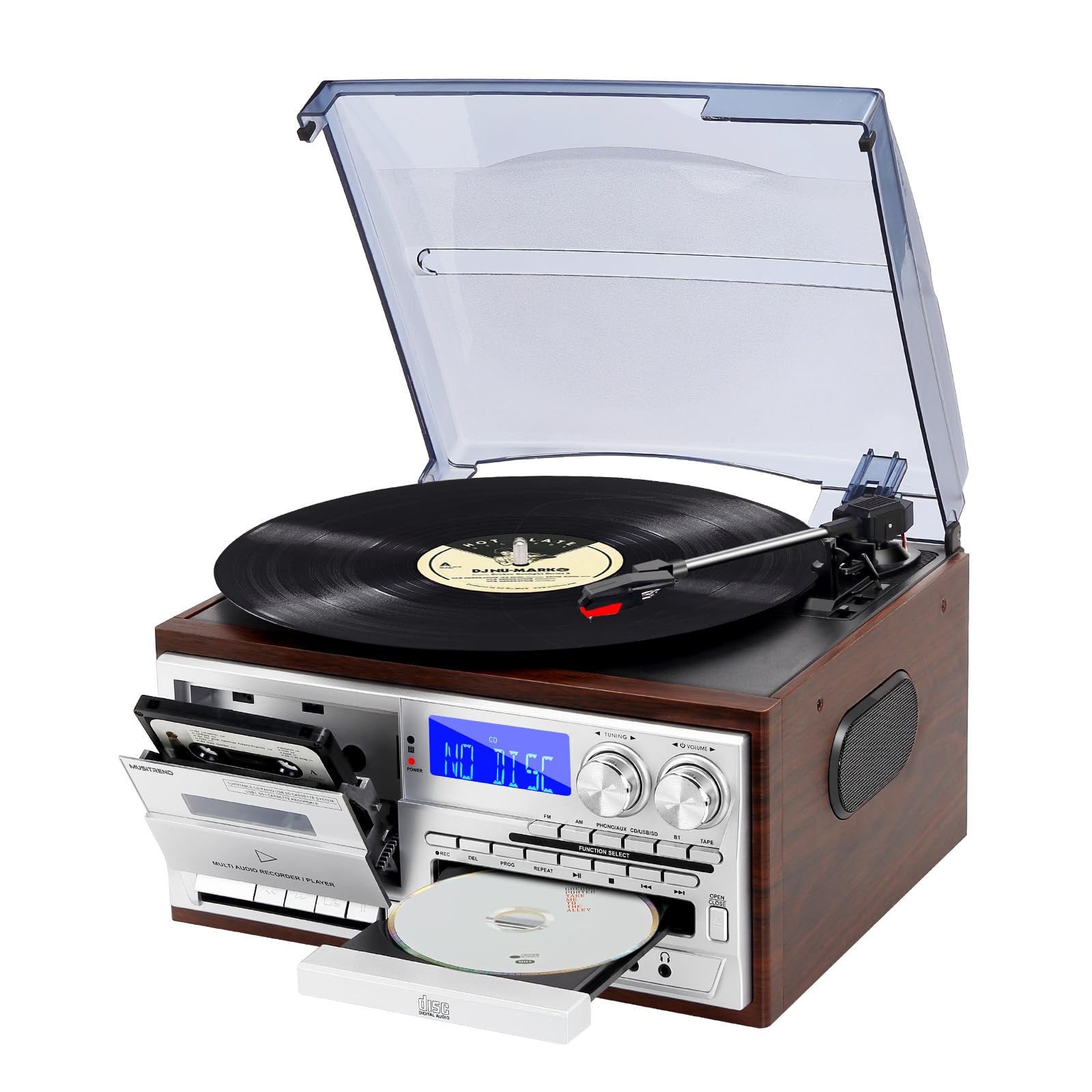 MUSITREND 9 in 1 Record Player 3 Speeds Vinyl Bluetooth Turntable with 3.5mm Jack, Phonograph with 2 Stereo External Speakers, CD/Cassette, AM/FM Radio, USB/SD/MMC, Aux-in/RCA-Out, Black