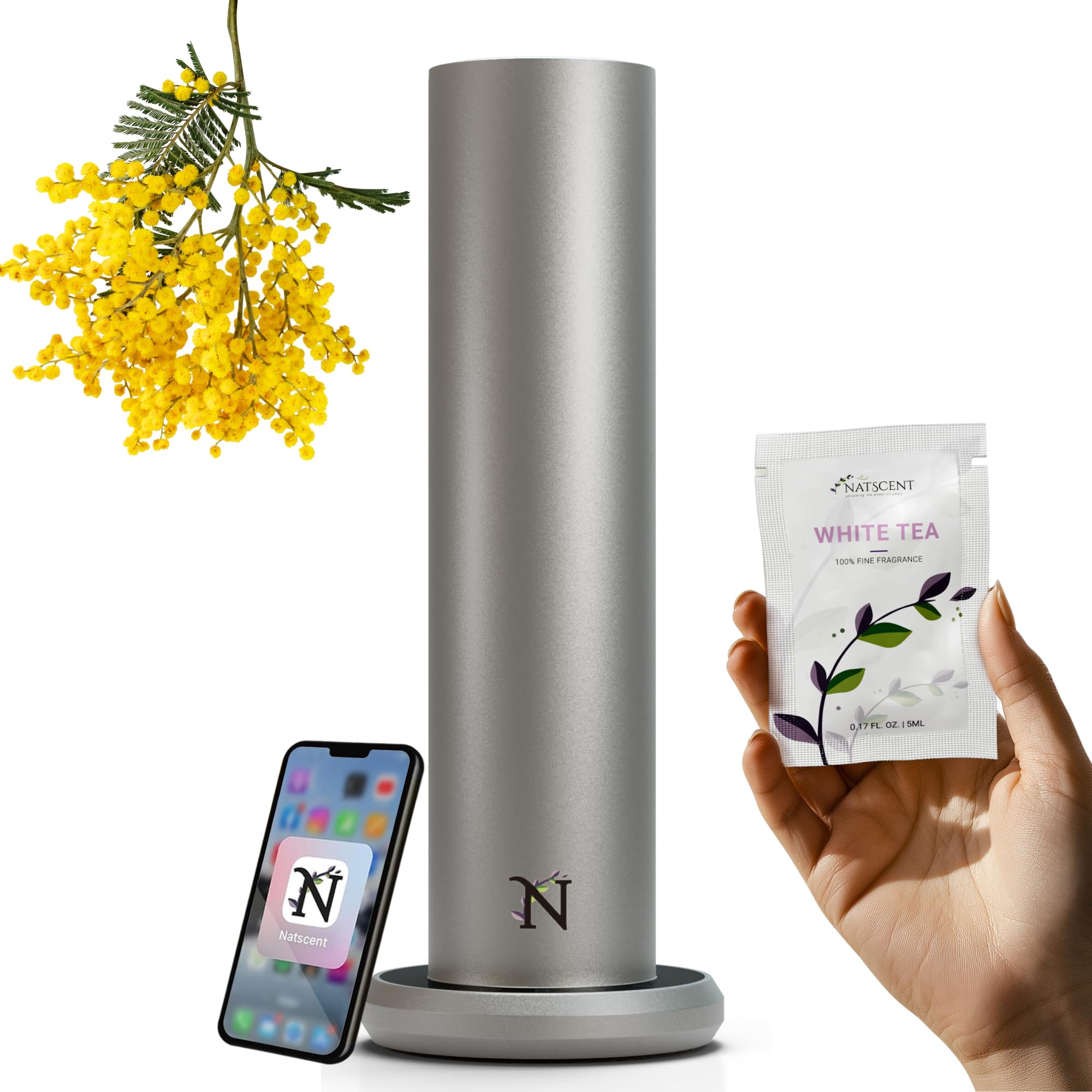 Natscent Dynamo Essential Oil Diffuser for Home with Fragrance Sample, App & Manual Control, Cold-Air Scent Diffusers for Home,Large Room, Hotel Scent Diffuser, 1000sq.ft. Titanium, Aroma Diffusers
