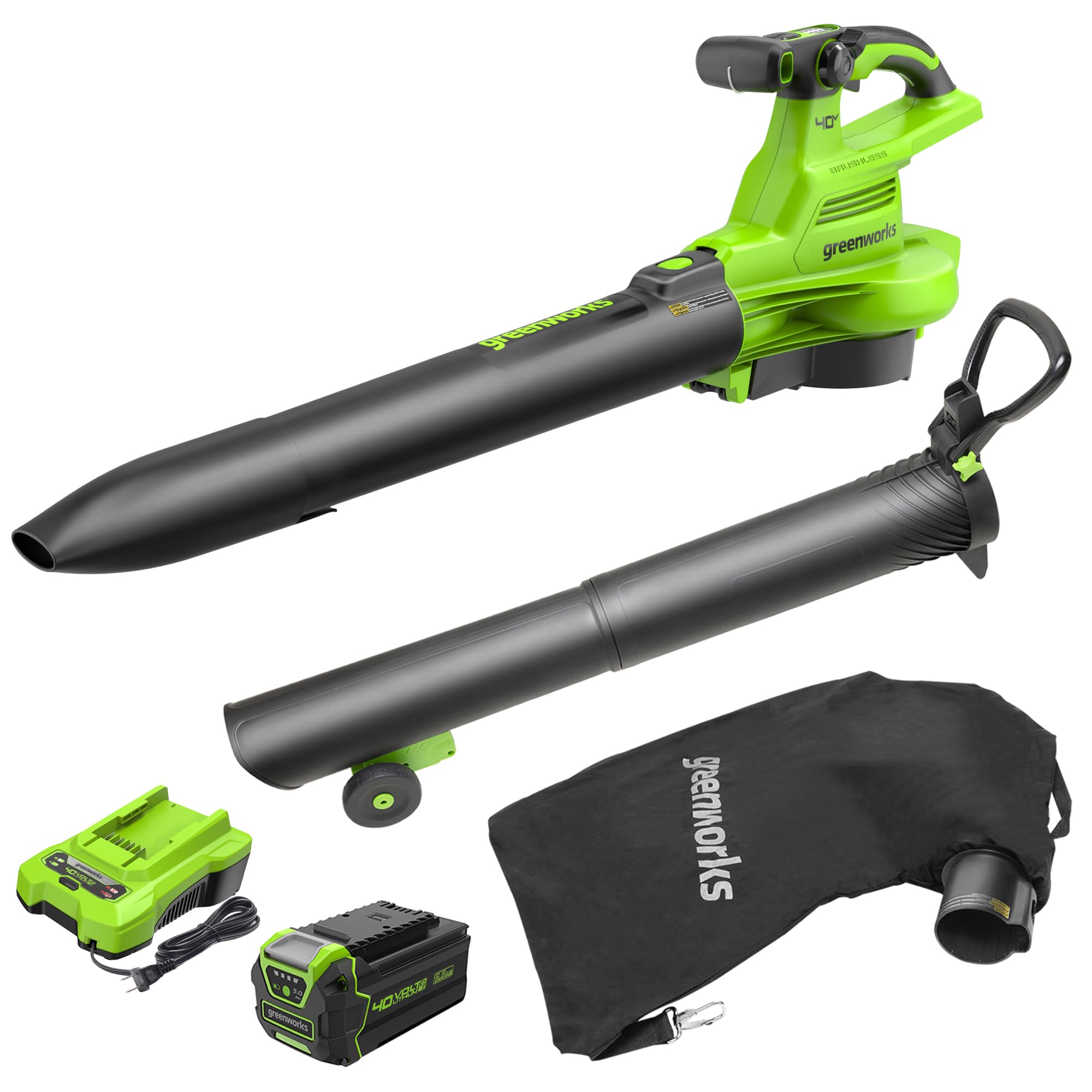 Greenworks 40V (230 MPH / 505 CFM) Cordless Brushless Leaf Blower/Vacuum with Bag, High Power, Lightweight & Quiet for Yard Debris Cleanup, Includes 5.0Ah Battery & Charger