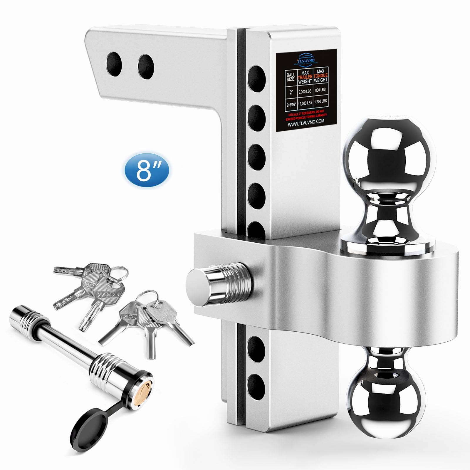 Tlvuvmo Adjustable Trailer Hitch, 8 Inch Drop Hitch Ball Mount (Fits 2-Inch Receiver), 12,500 LBS GTW, (2" & 2-5/16") Chrome Plated Steels Balls, Aluminum Tow Hitches with Two Anti-Theft Pins Locks