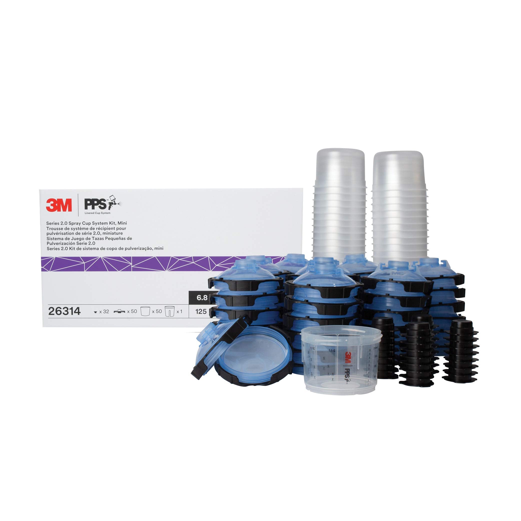 3M PPS 2.0 Spray Gun Cup, Lids and Liners Kit, 26314, Mini, 6 Ounces, 125-Micron Filter, Use for Cars, Furniture, House and More, 1 Paint Cup, 50 Disposable Lids and Liners, 32 Sealing Plugs