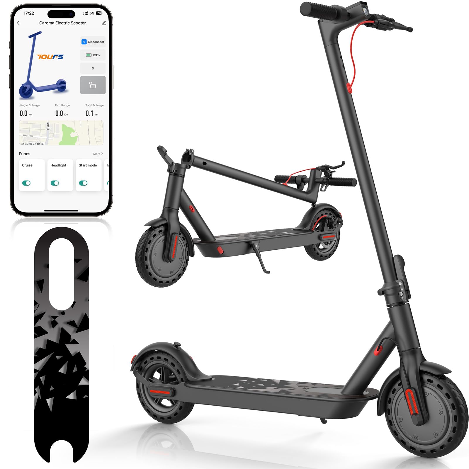 Caroma Electric Scooter Adults, Powerful 350W Motor, Max 18 Miles Long Range, Top Speed 20 MPH, 8.5" Solid Tires, Folding E Scooter with Dual Braking System & APP (Black Shards L1)