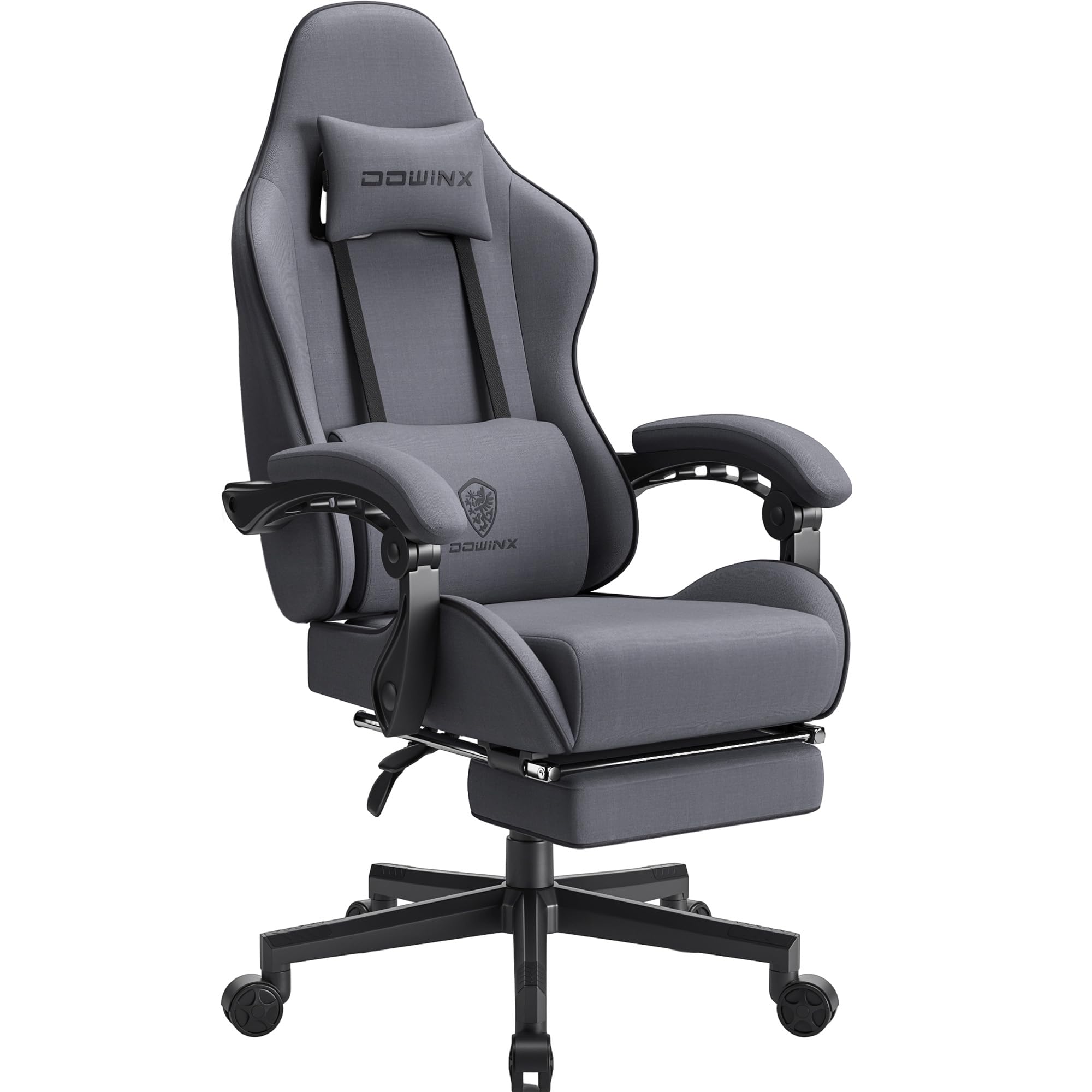 Dowinx Gaming Chair Fabric with Pocket Spring Cushion, Massage Game Chair Cloth with Headrest, Ergonomic Computer Chair with Footrest 290LBS, Grey