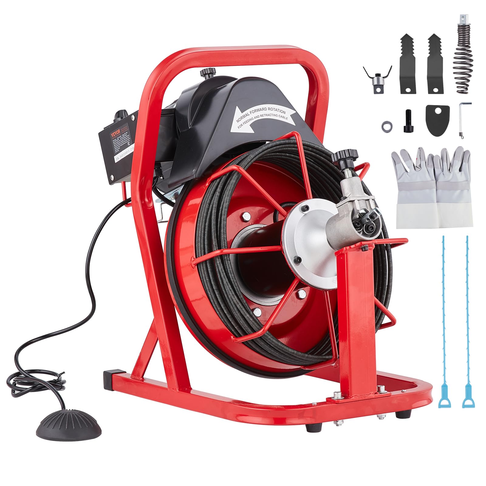 VEVOR Drain Cleaner Machine 50FT x 3/8 Inch, Auto Feed Sewer Snake Auger, Electric Drain Cleaning Machine with 4 Cutters & Air-activated Foot Switch for 2" to 4" Pipes