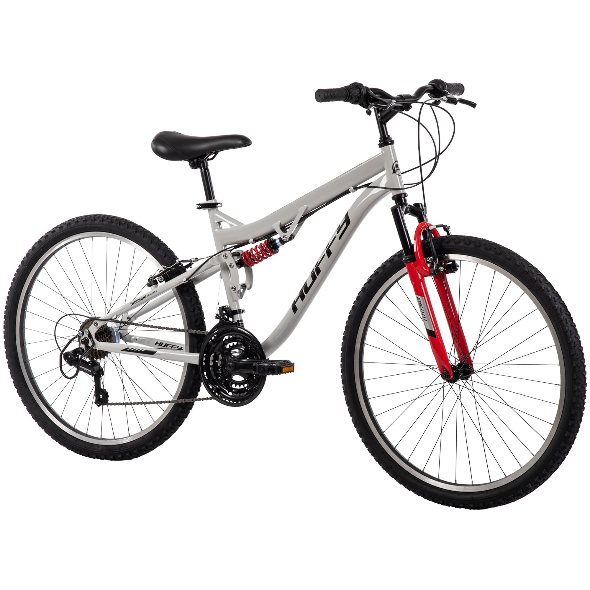Huffy Stone Mountain Mens 26 Inch Mountain Bike, Cloudy Grey Gloss Frame, 21-Speed Shimano Twist Shifting, Dual Suspension, Comfort Saddle | 20"/24"/26" Sizes, 6-21 Speeds, Dual Suspension Available |