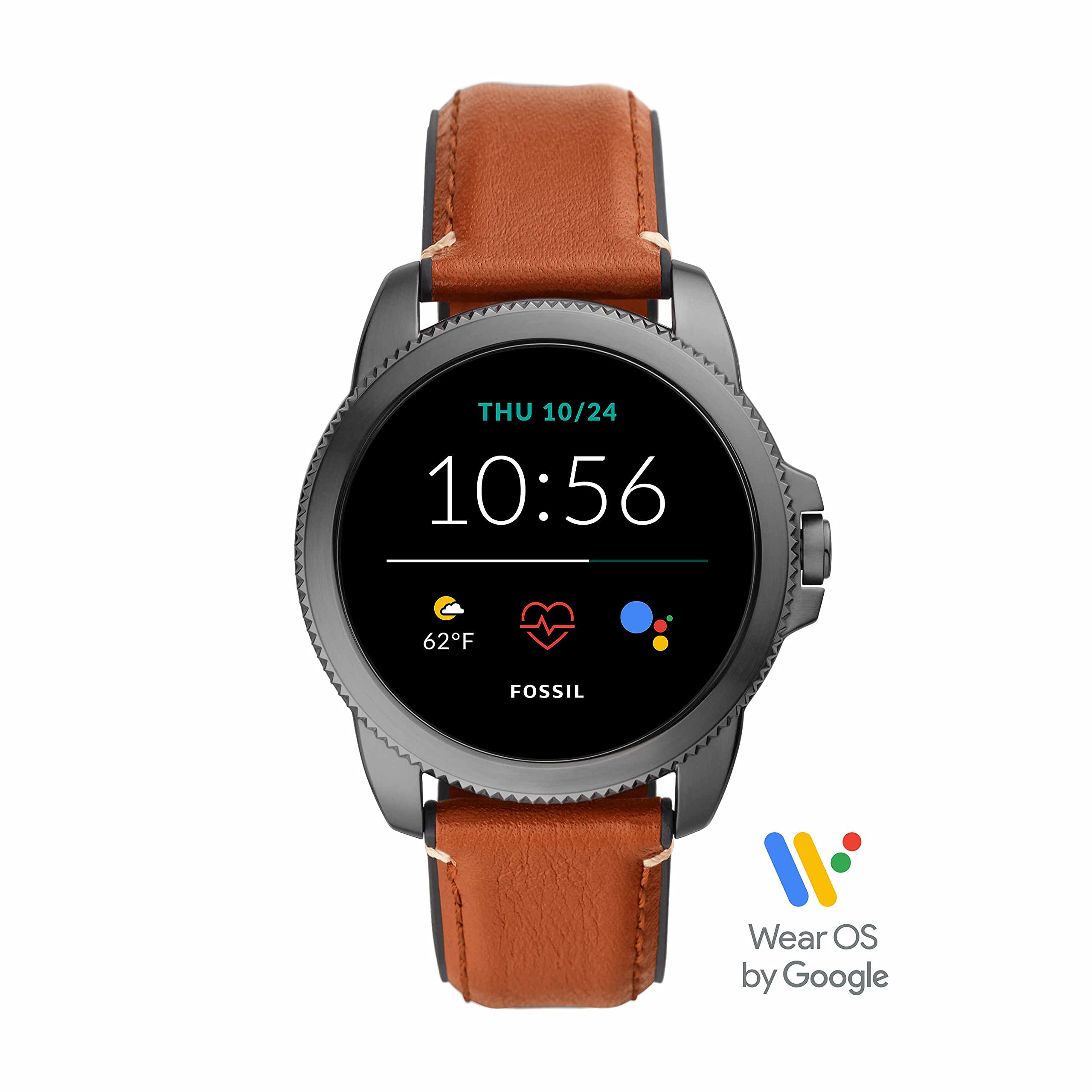 Fossil 44mm Gen 5E Stainless Steel and Leather Touchscreen Smart Watch, Color: Smoke, Brown (Model: FTW4055V)