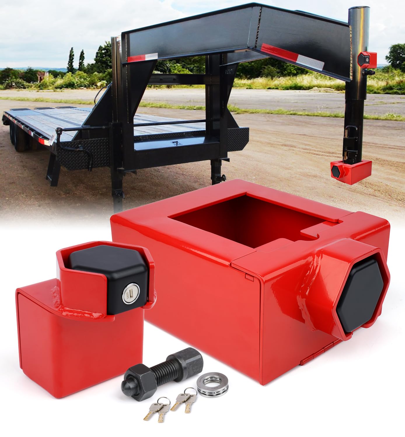 Aupar Gooseneck Trailer Lock Fit for Most 7-Inch Bottom Plate Couplers, Patent Designed Trailer Lock Kit w/Lock, Red