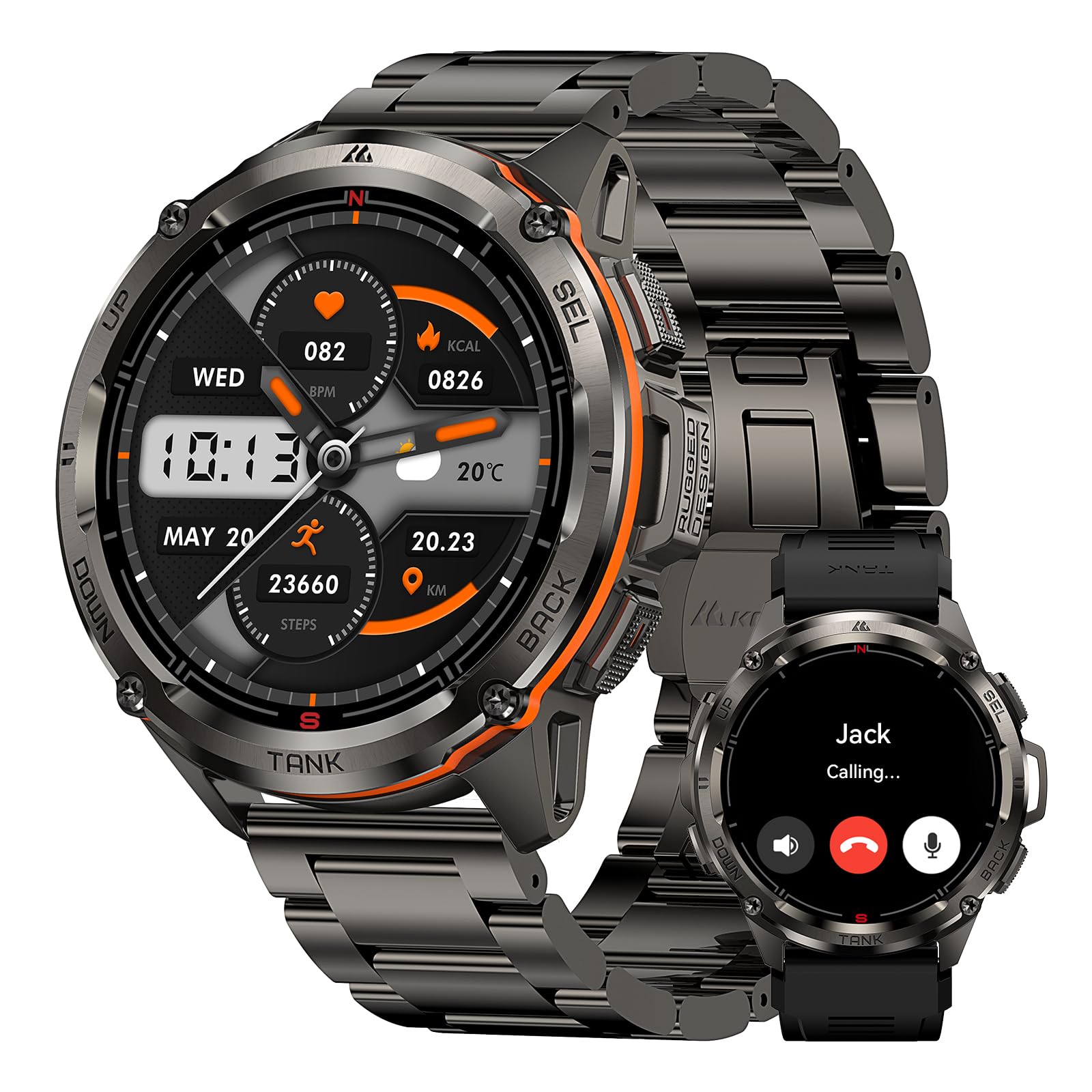 KOSPET Tank T3 Ultra GPS Smart Watch for Men-Pressure/Altitude/Compass, Extra-Large Battery, Stainless Steel Unibody Rugged Military Smartwatch Make/Answer Call, 5ATM Waterproof (2 Bands)