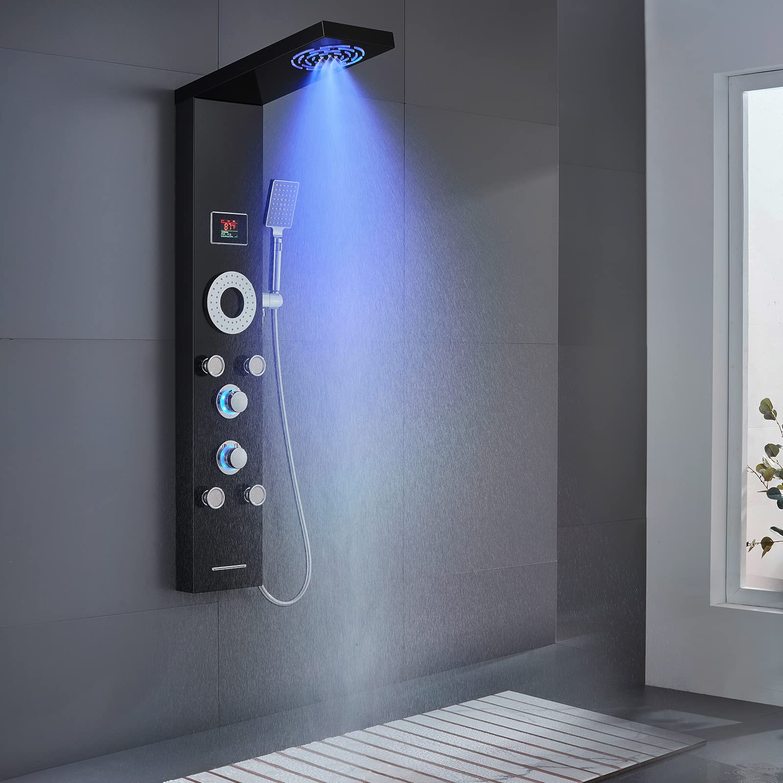 TSIBOMU LED Shower Panel Tower System, 304 Stainless Steel Bathroom Shower Tower with 3 Body Massage Jets, Shower Column Wall Mounted