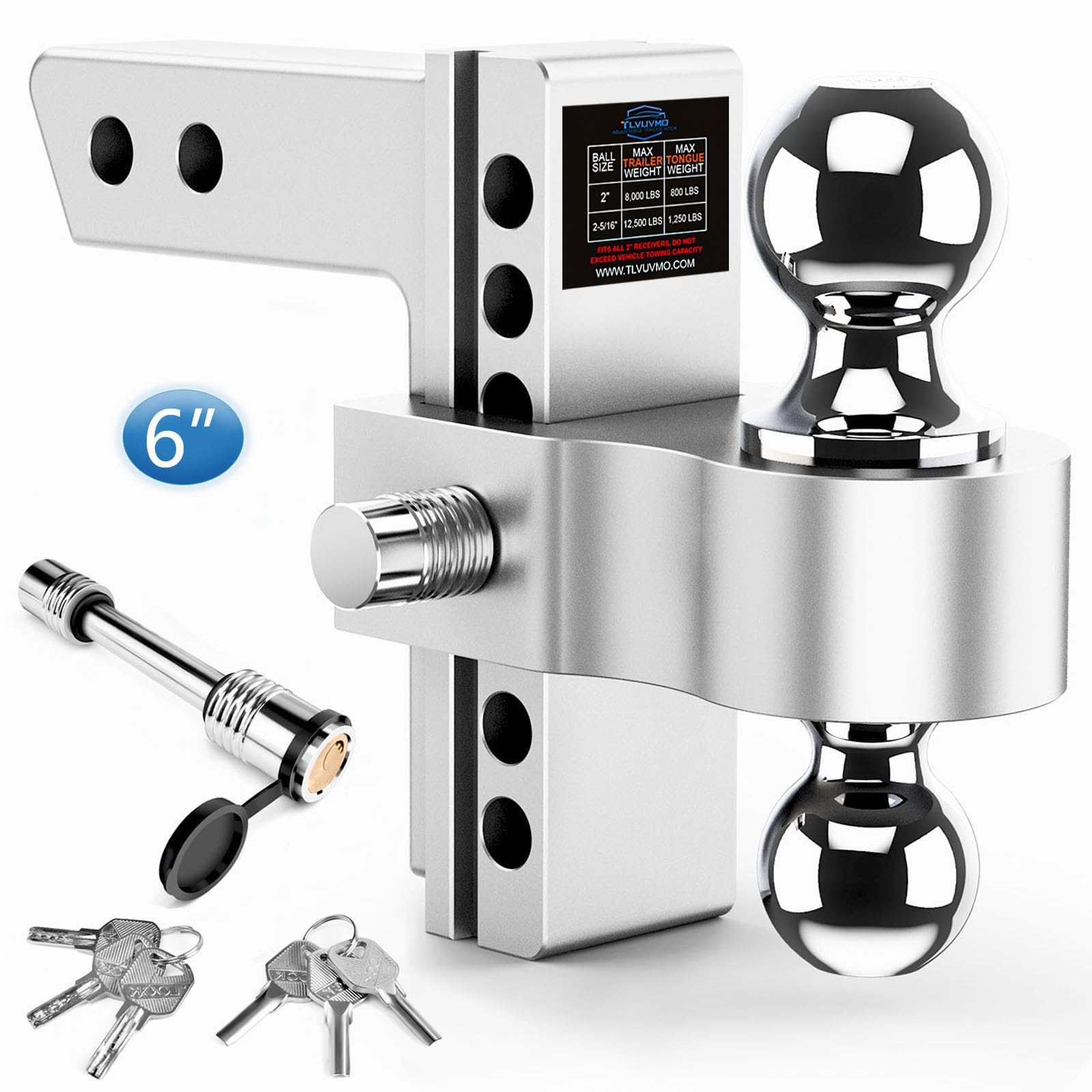 Tlvuvmo Adjustable Trailer Hitch, 6 Inch Drop Hitch Ball Mount (Fits 2-Inch Receiver), 12,500 LBS GTW, (2" & 2-5/16") Chrome Plated Steels Balls, Aluminum Tow Hitches with Two Anti-Theft Pins Locks