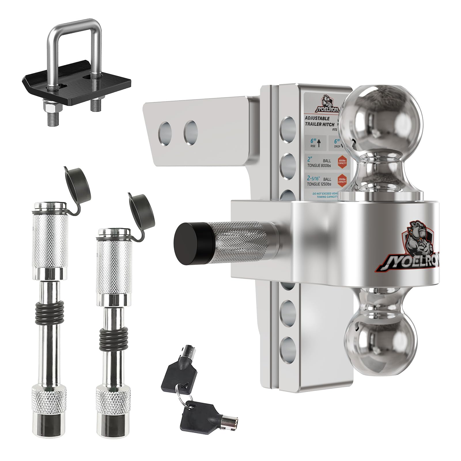 Jyoelron Adjustable Trailer Hitch (2" Receiver) 6" Drop & Rise (12,500 LBS GTW) Heavy Duty Aluminum Tow Hitches Dual Ball (2" & 2-5/16") Hitch Tightener Double Anti-Theft Locking Hitch Pins