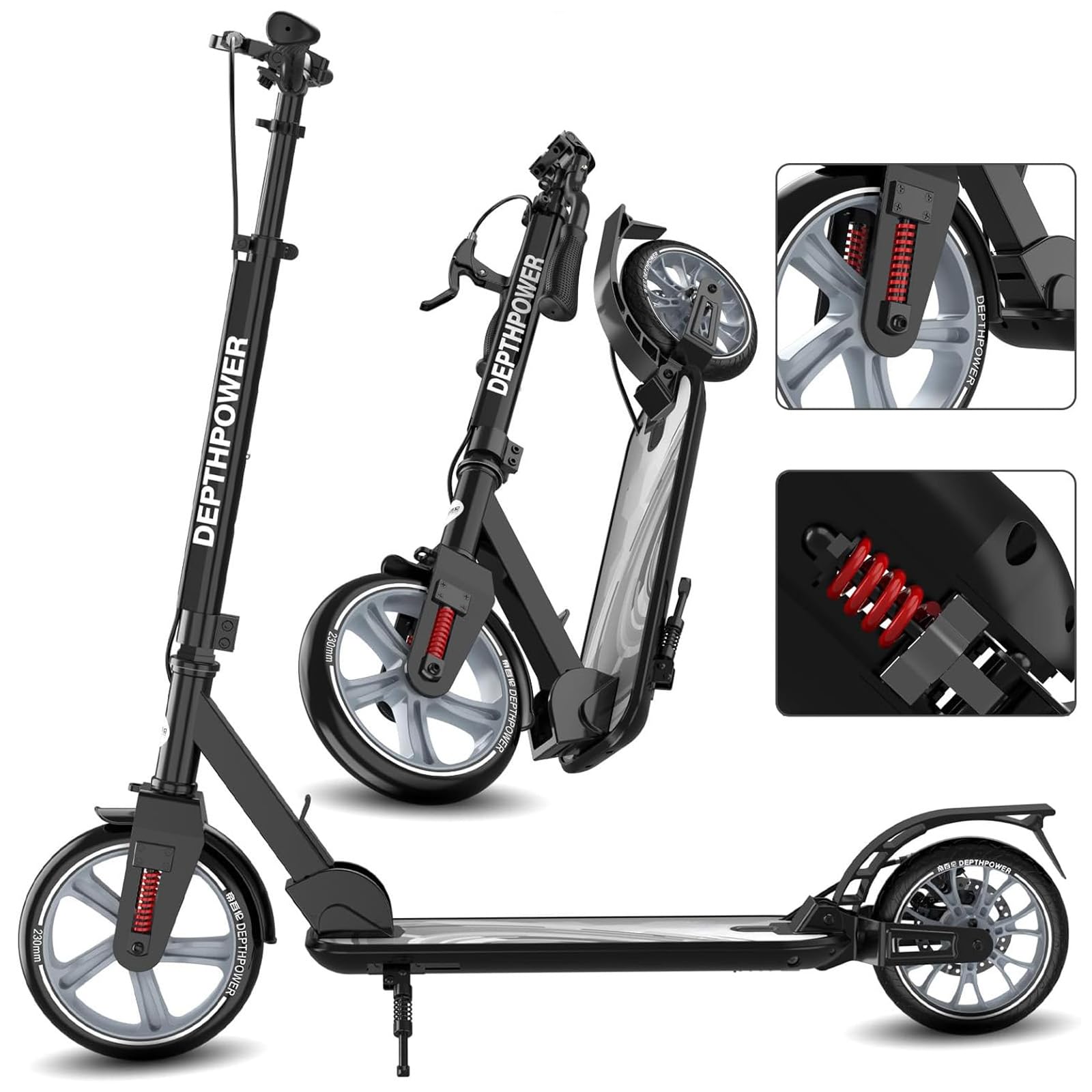 CUIOT Kick Scooter for Ages 6+, Kids, Teens & Adults - Max Load 300 LBS, Foldable 9-inch Big Wheels Scooters with Kickstand, 5 Adjustable Levels & Dual Brakes, Triple Suspension, Steering Limit,B