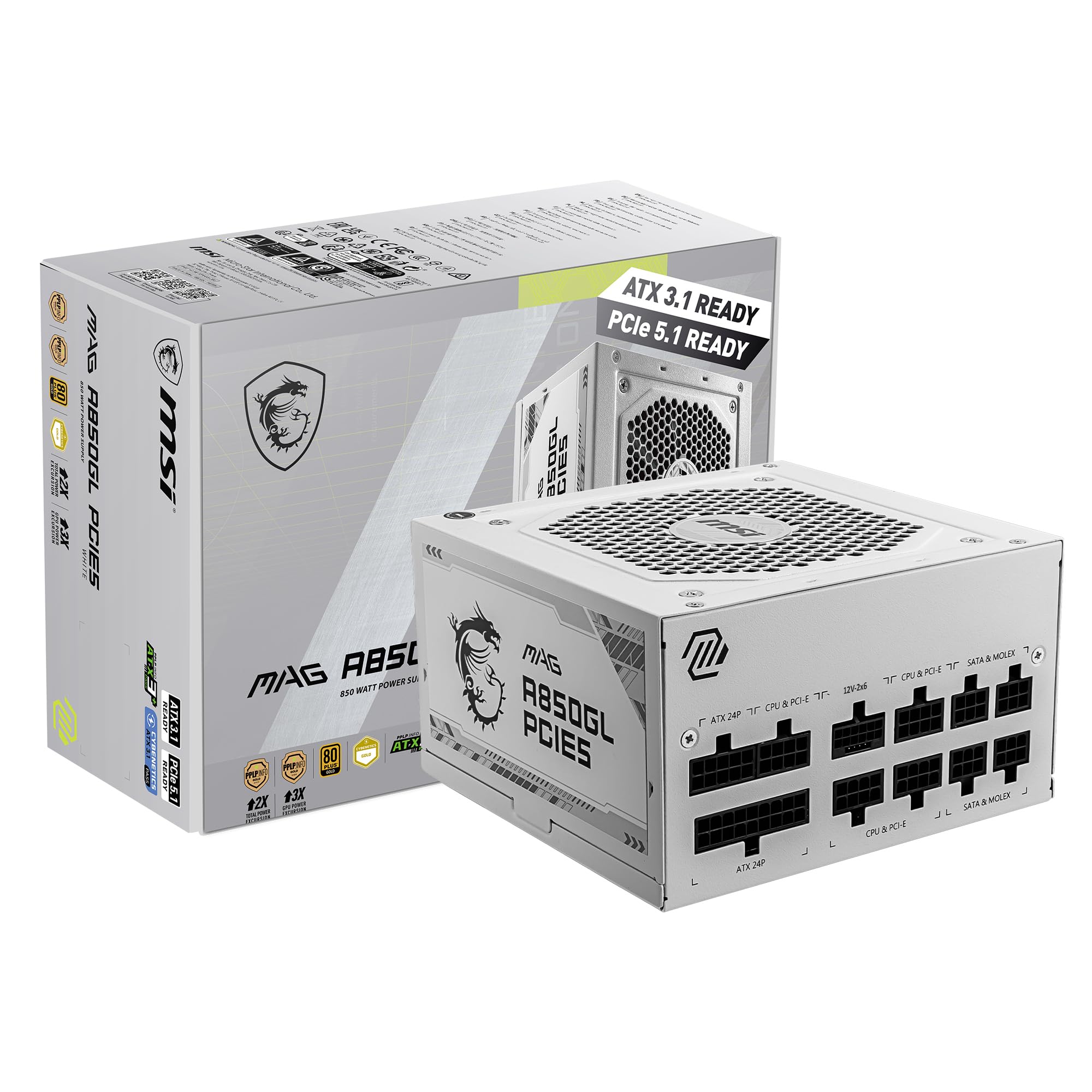 MSI MAG A850GL PCIE 5.1 White Gaming Power Supply - Full Modular - 80 Plus Gold Certified 850W - ATX 3.1 & PCIE 5.1 Ready Compact Size - ATX PSU - 10 Year Warranty