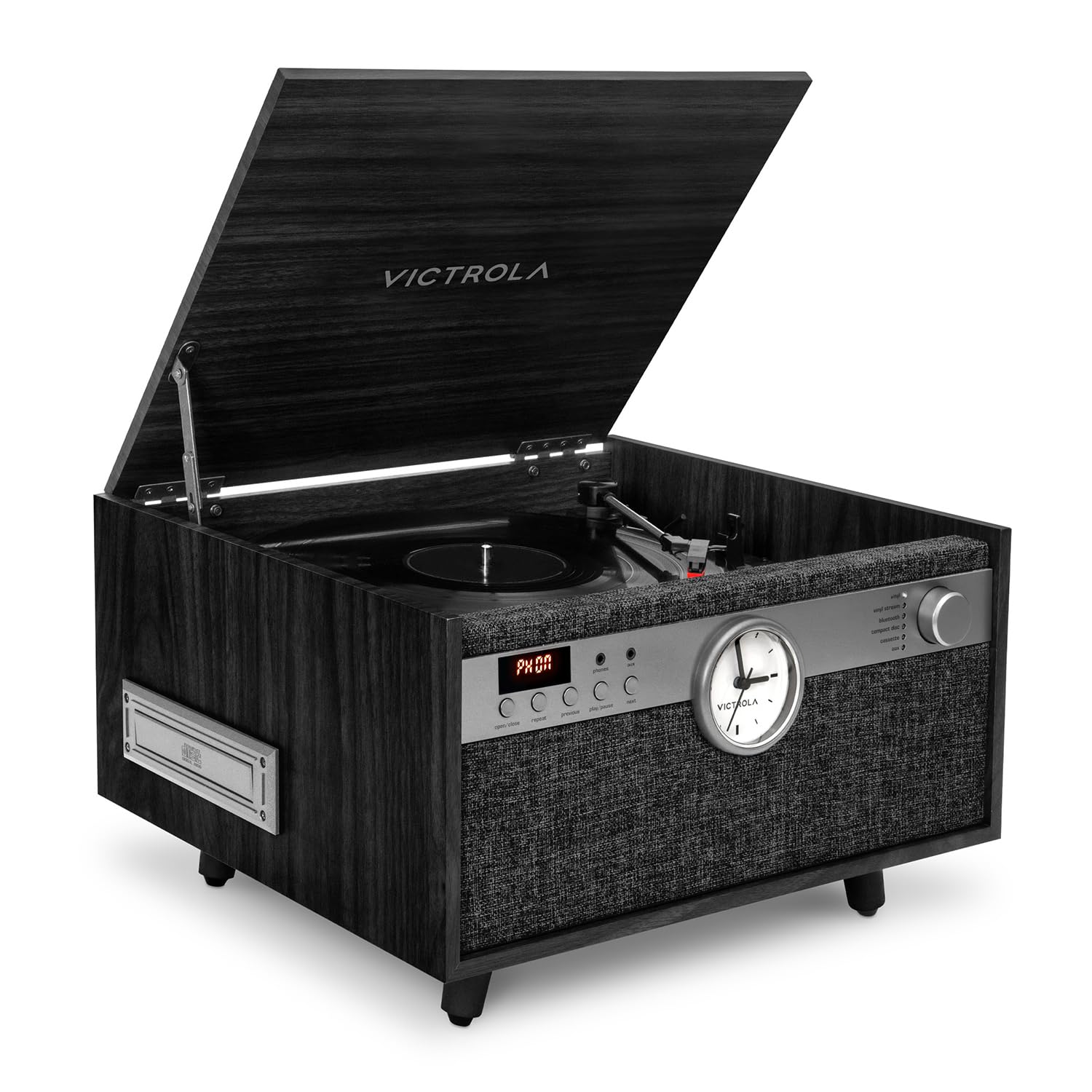 Victrola Century Signature+ 6-in-1 Vinyl Record Player & Music Center - 3-Speed Turntable, CD & Cassette Player, VINYLSTREAM, Bluetooth & 3.5mm Aux, Record Player with Speakers, 18" Stands, Black