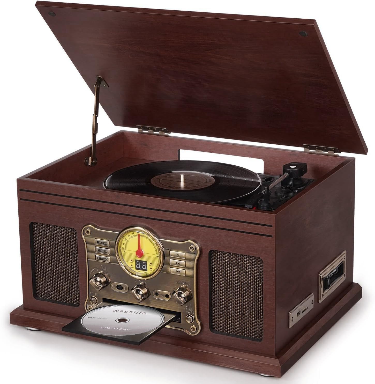 10 in 1 Bluetooth Record Player, 3-Speed Turntable for Vinyl with Speakers, LP to MP3 Converter, CD, Cassette Player, FM Radio, Wireless Streaming | Red Brown