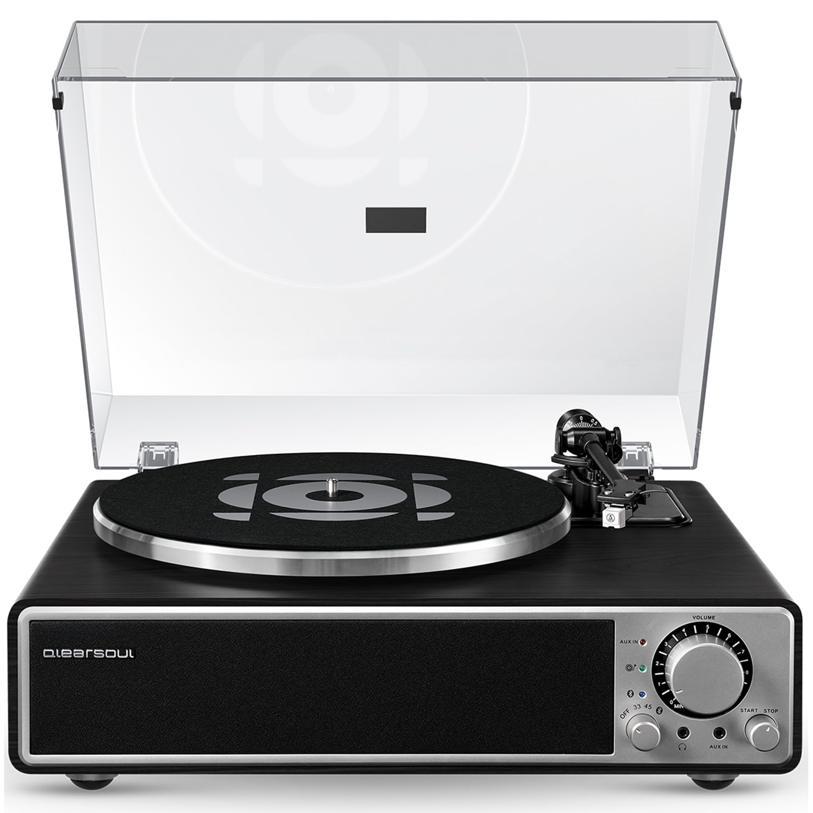 QLEARSOUL ONE-Q Vinyl Record Player (Black), All-in-one HiFi Turntables with Built in Speakers, Bluetooth 5.4, Phono Preamp, Magnetic Cartridge AT-3600L, 33/45 RPM Two Speed, Aux-in, Auto Off