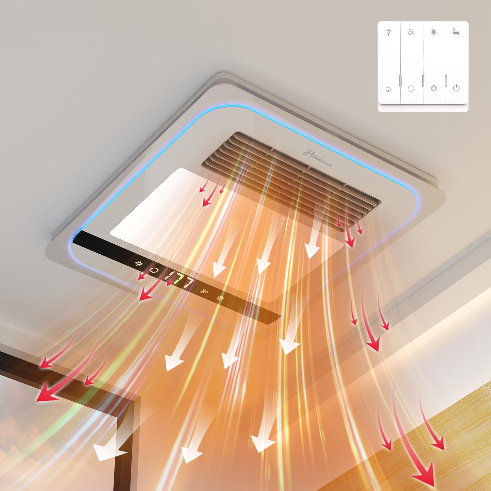 Hawkrown 4 in 1 Bathroom Exhaust Fan with Light, 1760W Bathroom Heater Fan Light Combo, 190 CFM 1.0 Sone Exhaust with Heater, Ventilation for Home, Bath, Hotel