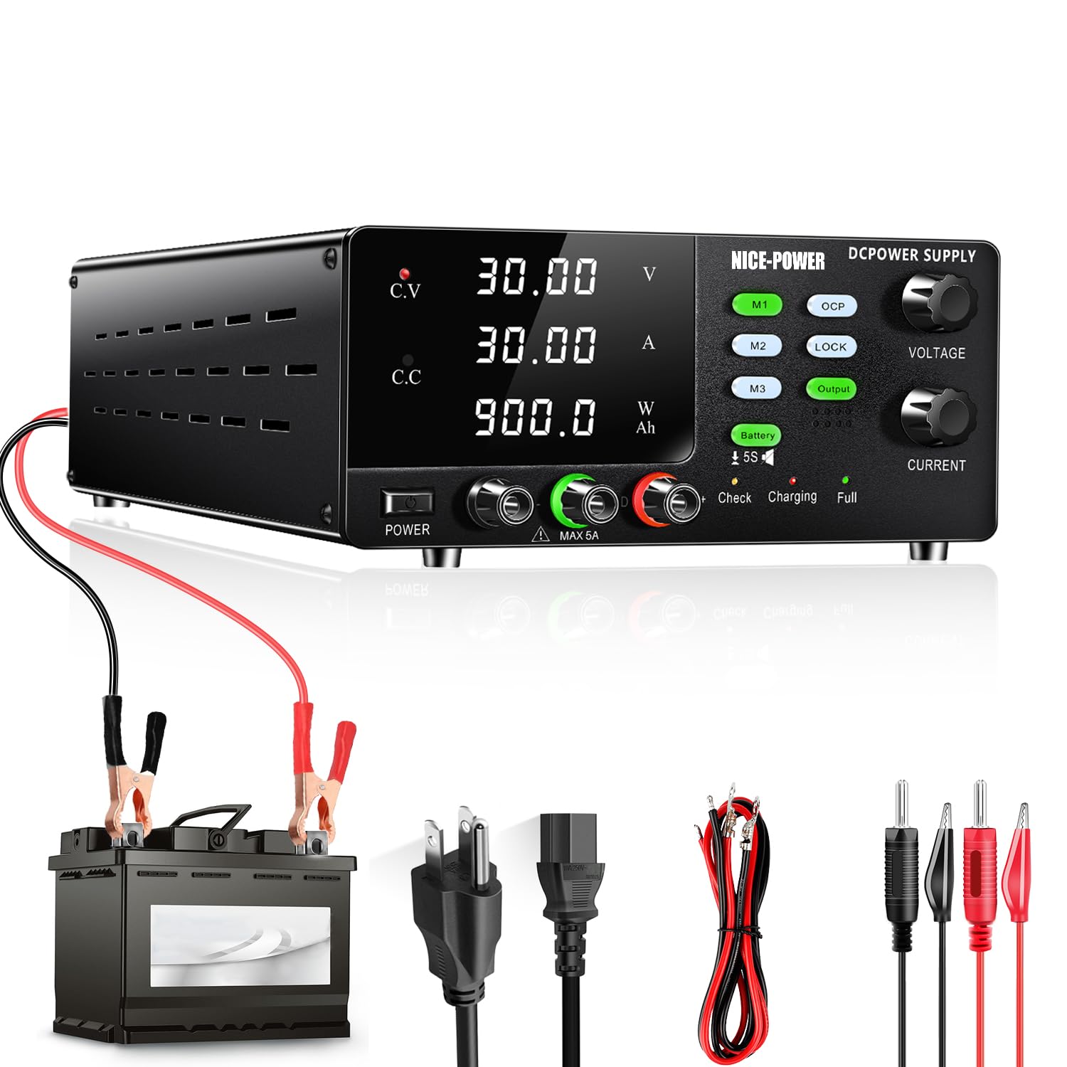 NICE-POWER DC Power Supply Variable, 30V 30A 900W High Power Bench Power Supply for Battery Charging, Adjustable Switching Regulated Power Supply with OCP, Memory Storage, Output Switch, Lock Button