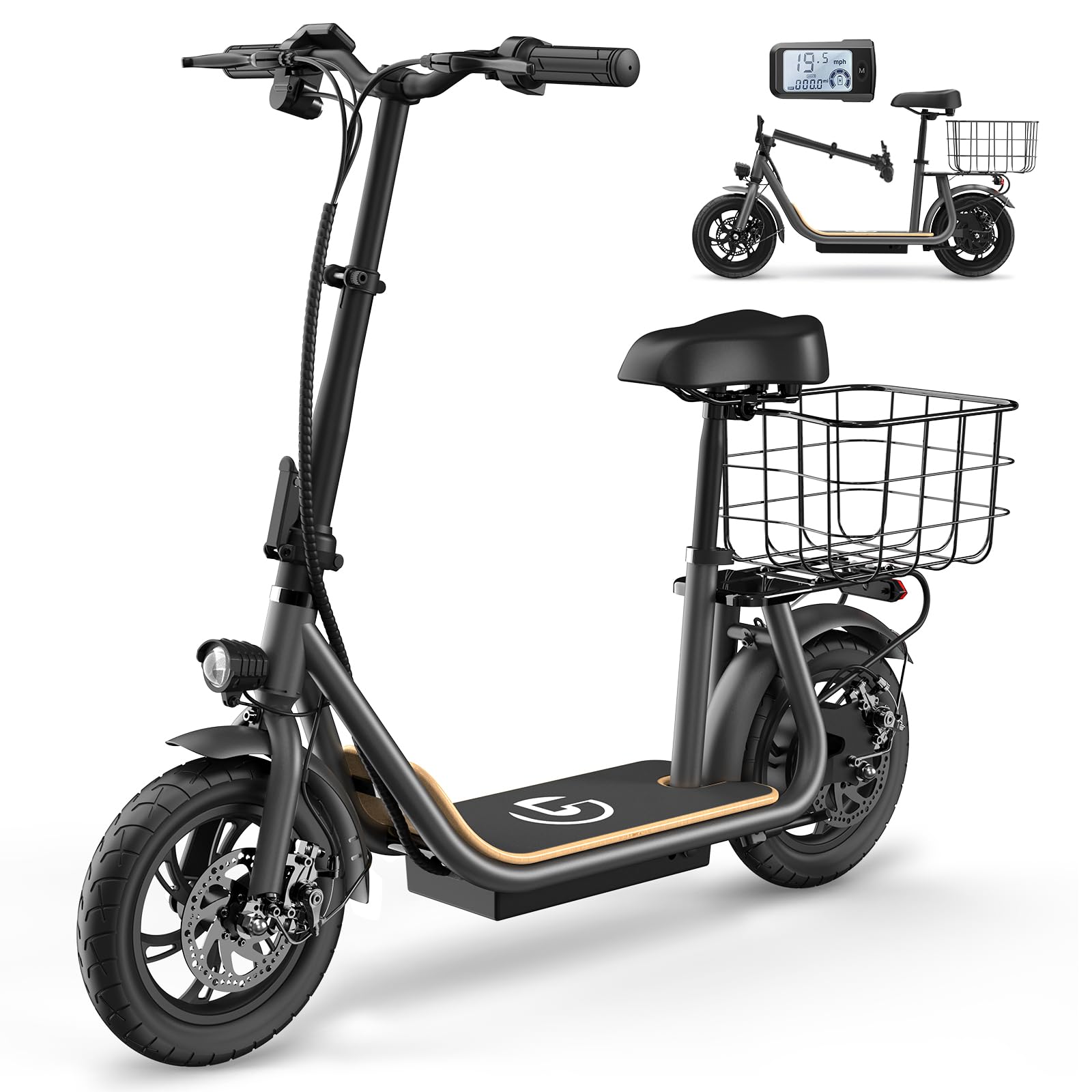 GarveeLife Electric Scooter, 450W Powerful Motor, Foldable Electric Scooter with Seat & Basket, 22.5 Miles Range, 20MPH Top Speed, 12" Tire&Height Adjustable, Commuter Ebike for Adults, Grey