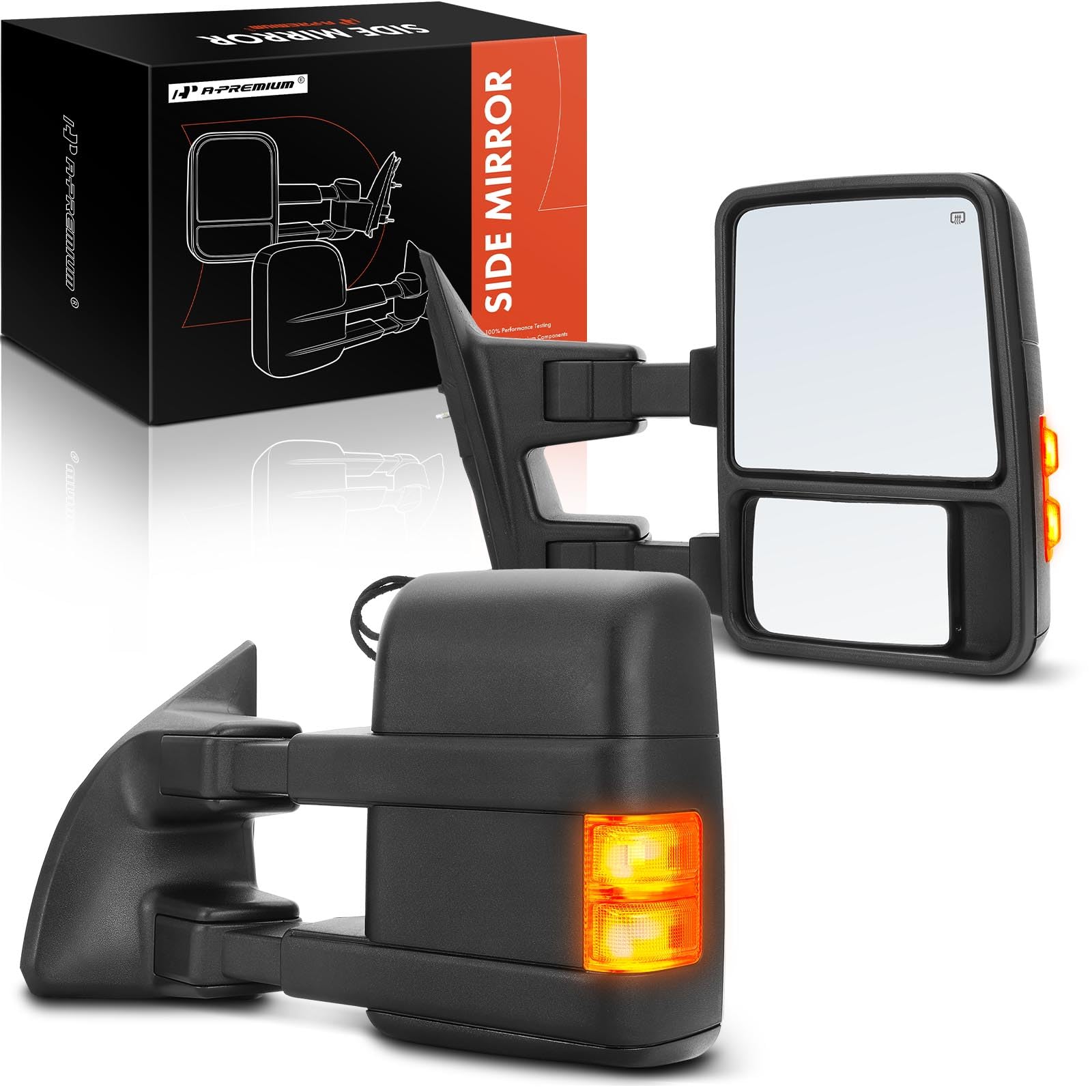 A-Premium Left & Right Towing Mirrors - Compatible with Ford F-250 F-350 F-450 F-550 Super Duty 2008-2016 - Manual Folding Power Heated Telescoping Black - with Amber Signal and Power Glass - Pair Set