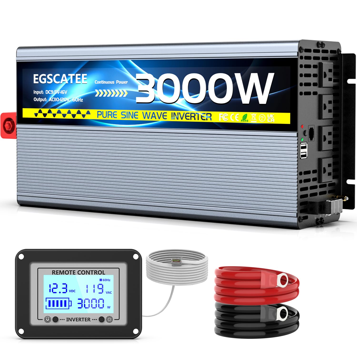 12V 3000W Pure Sine Wave Inverter 12V DC to 110V/120V AC Converter with 4AC Outlets, 5V/3.4A USB, Remote Control with on-Screen Display, Off-Grid Solar Power Inverter for Truck, Home, Vehicles, RV