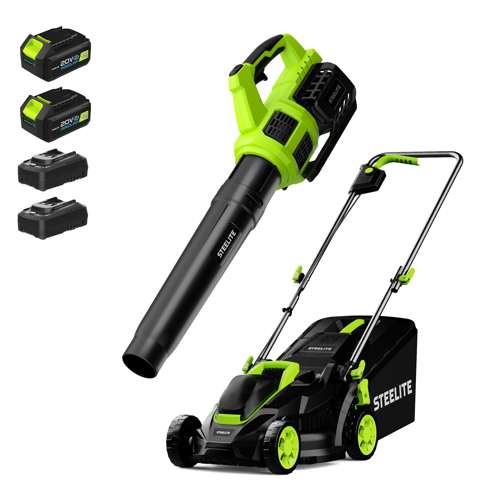 STEELITE 21V Cordless Lawn Care Combo, 13" Lawn Mower (Brushless, 5-Height Adjustment, 8-Gal Bag) & Leaf Blower (120 MPH, 480 CFM), 2 x 4.0Ah Batteries & 2 Chargers- Ships in 2 Packages