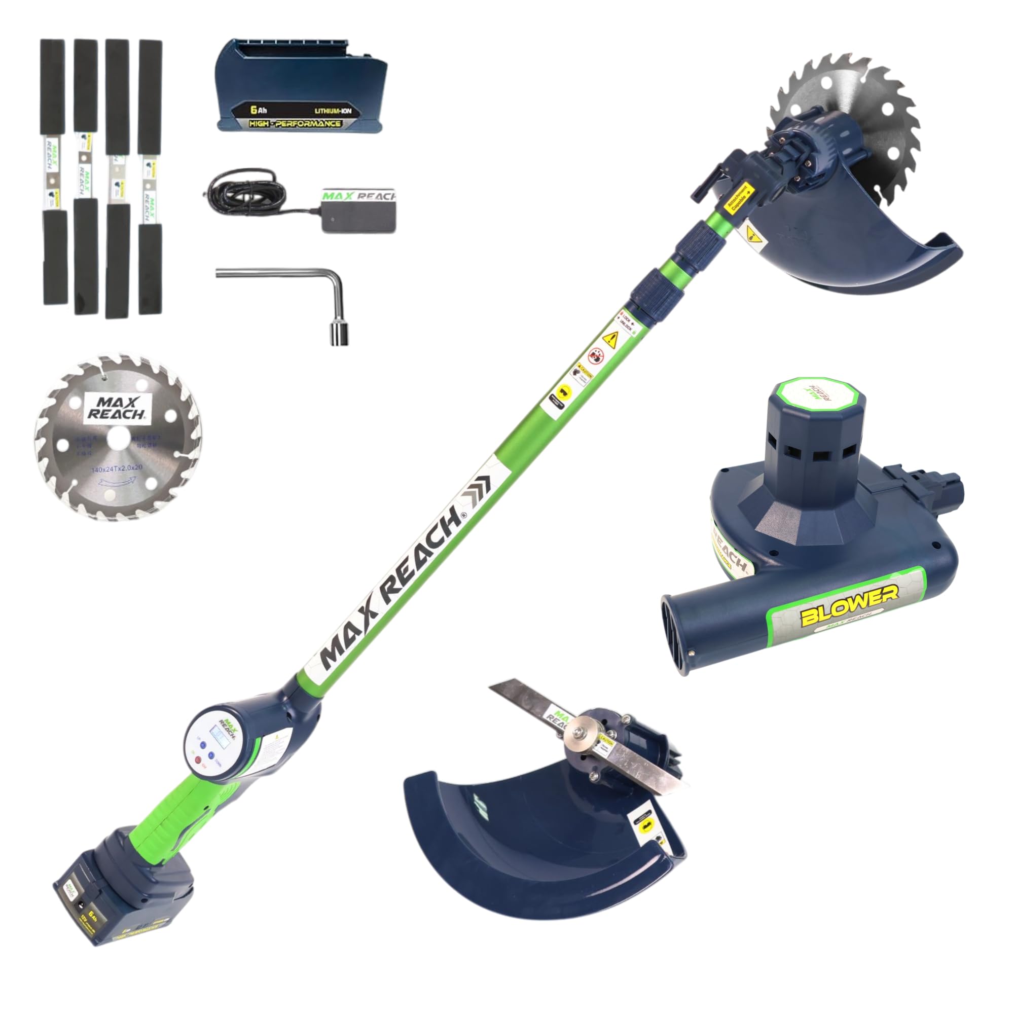 3-in-1 Cordless Yard Landscaping Tool Long Reach Hedge Trimmer + Tree Trimmer + Electric Leaf Blower Cordless with Battery & Charger Battery Powered Pole Saw & Tree Saw & Weed Eater by Max Reach Tools