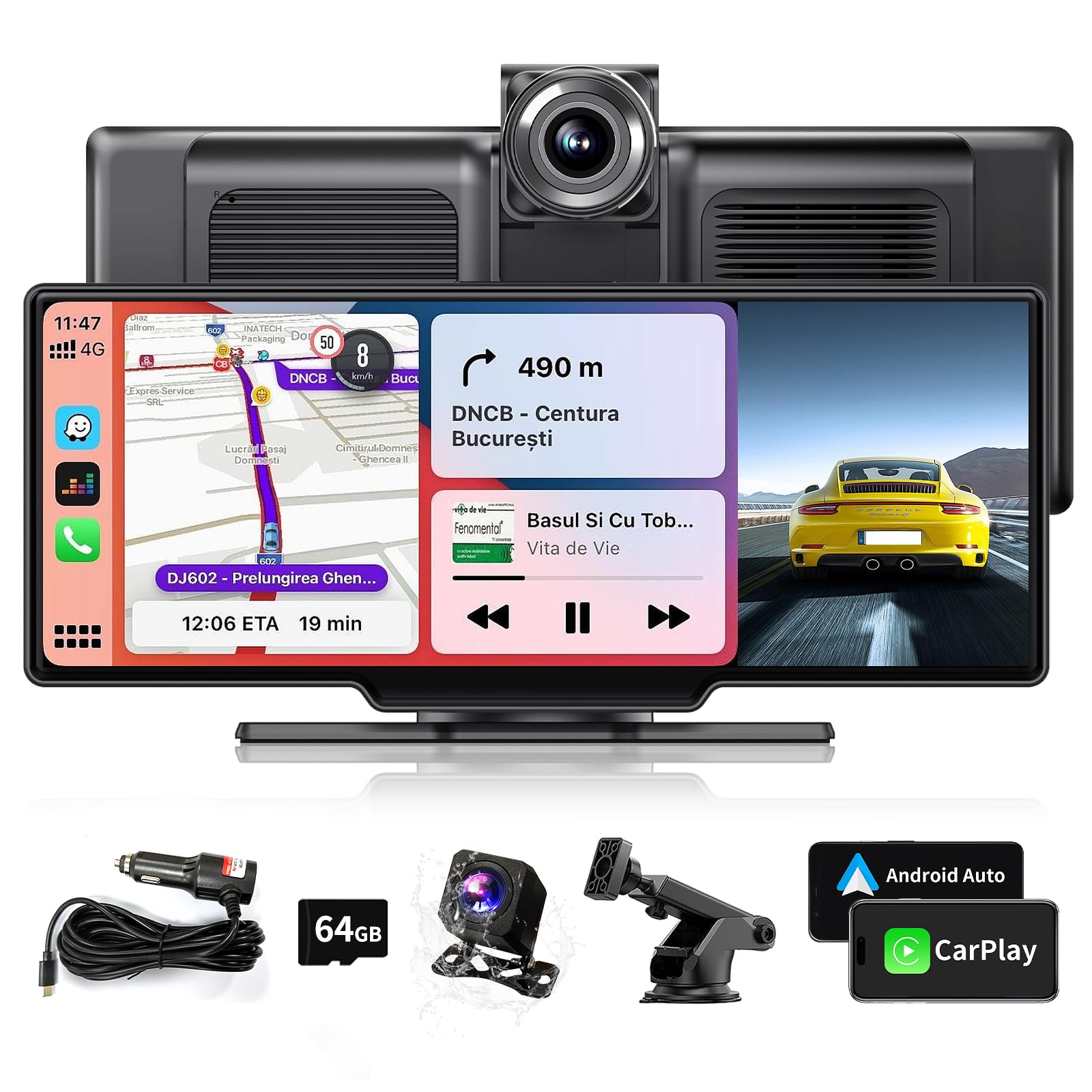 Portable Wireless Carplay Screen with 2.5K Dash Cam-10.26" HD Carplay & Android Auto Screen, Carplay Screen for Car with 1080p Backup Camera/Mirror Link/Bluetooth/Siri/AUX/FM/TF Card GPS Navigation